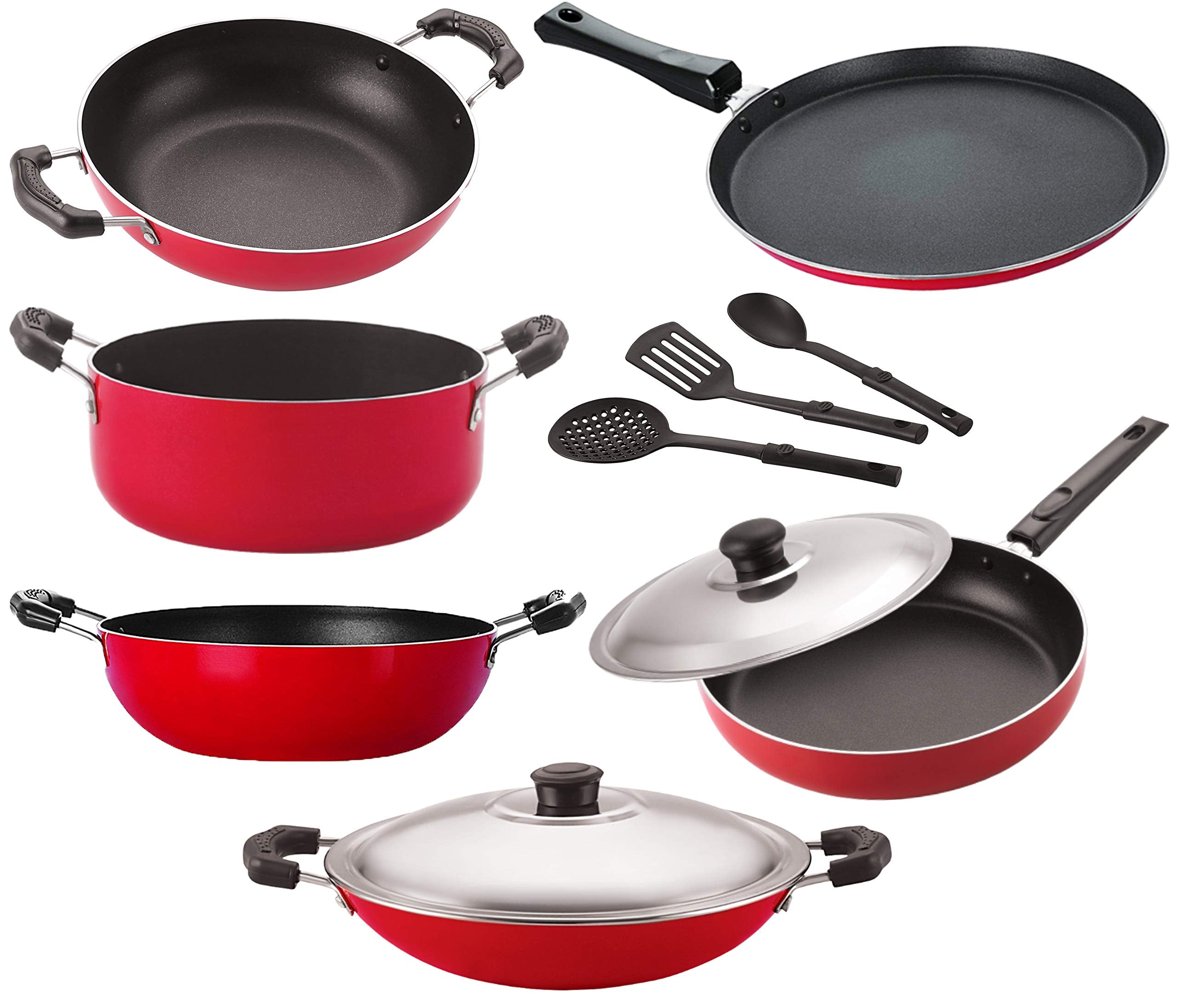 Nirlon Non Stick Pfoa Free Scratch Resistant Coating Cookware Set Of 9 Pieces (26_Kd12_Kd14_Ch_Ft10_Cass20_Fp12_3Spn)