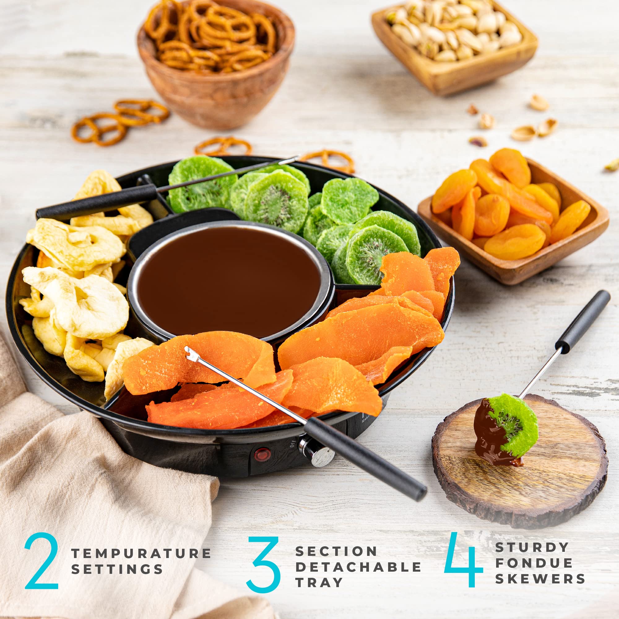 Kusini Electric Fondue Pot Set - Chocolate Fondue Kit - Temperature Control, Detachable Serving Trays, & 4 Roasting Forks - Gift