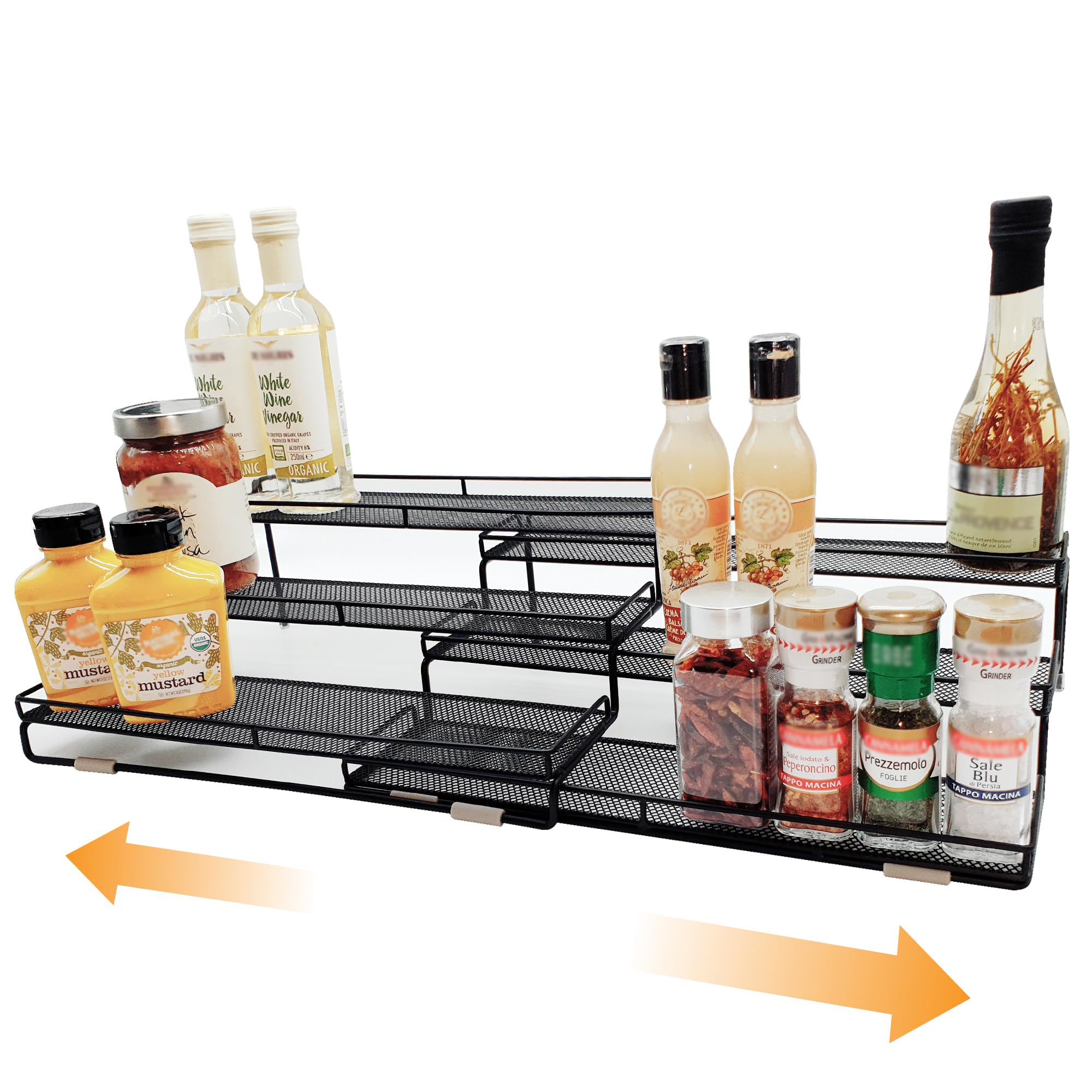 DOTORYDESIGN 3 Tier Wide Expandable Cabinet Spice Rack Organizer (14.5 to 29.1)  Step Shelf with Protection Railing, Black