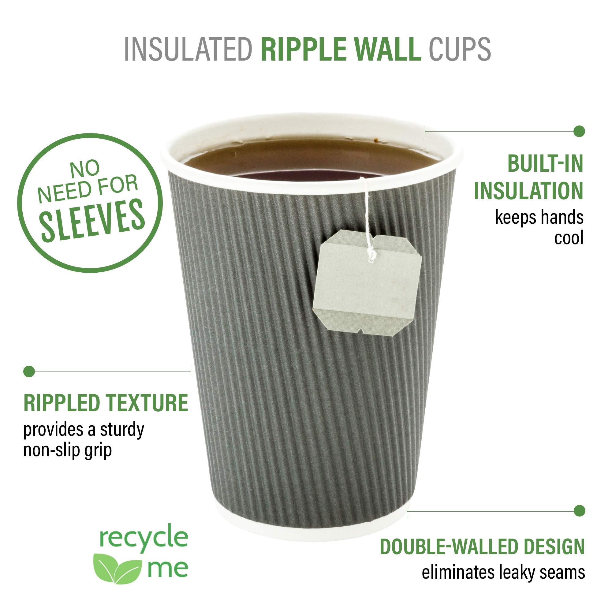 500-CT Disposable Gray 16-OZ Hot Beverage Cups with Ripple Wall Design: No Need for Sleeves - Perfect for Cafes - Eco-Friendly Recyclable Paper - Insulated - Wholesale Takeout Coffee Cup