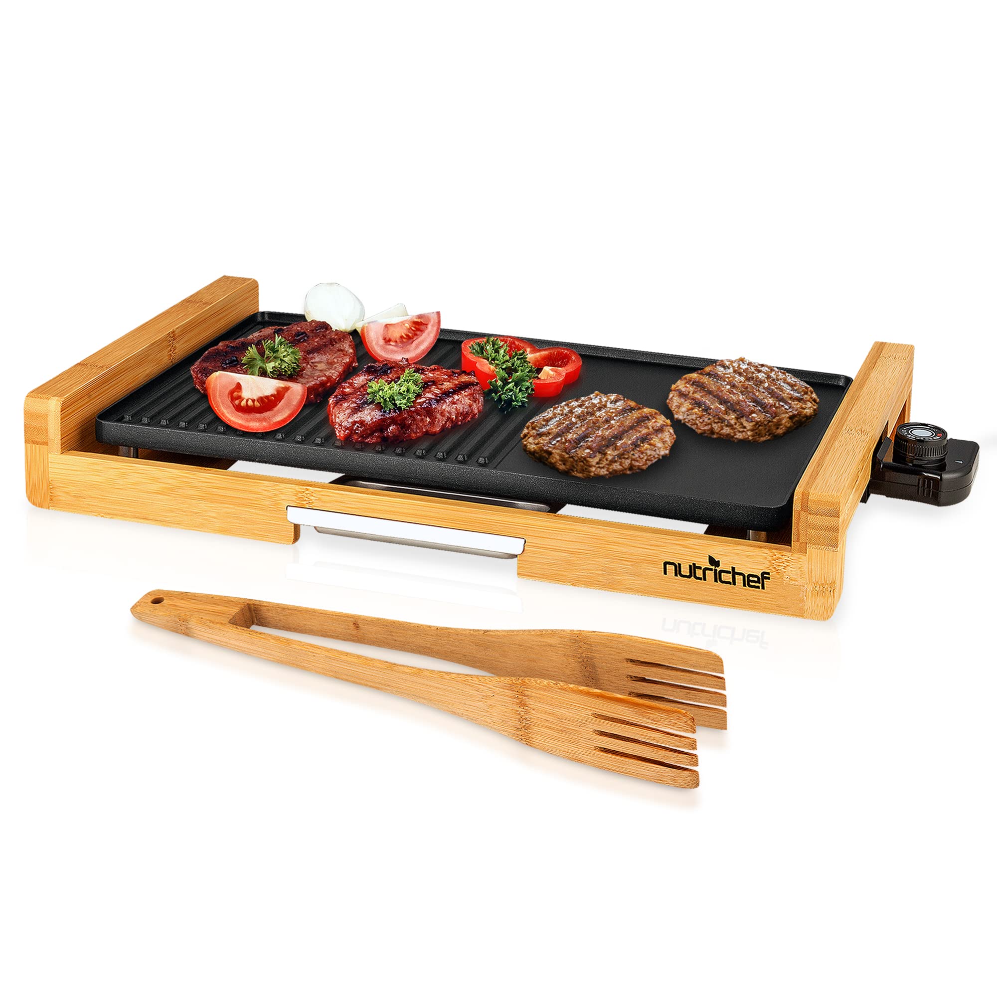 NutriChef Smokeless Indoor Electric Grill - Bamboo Tray, Non-Stick Plate, Adjustable Thermostat, Dishwasher Safe, 1800W Power