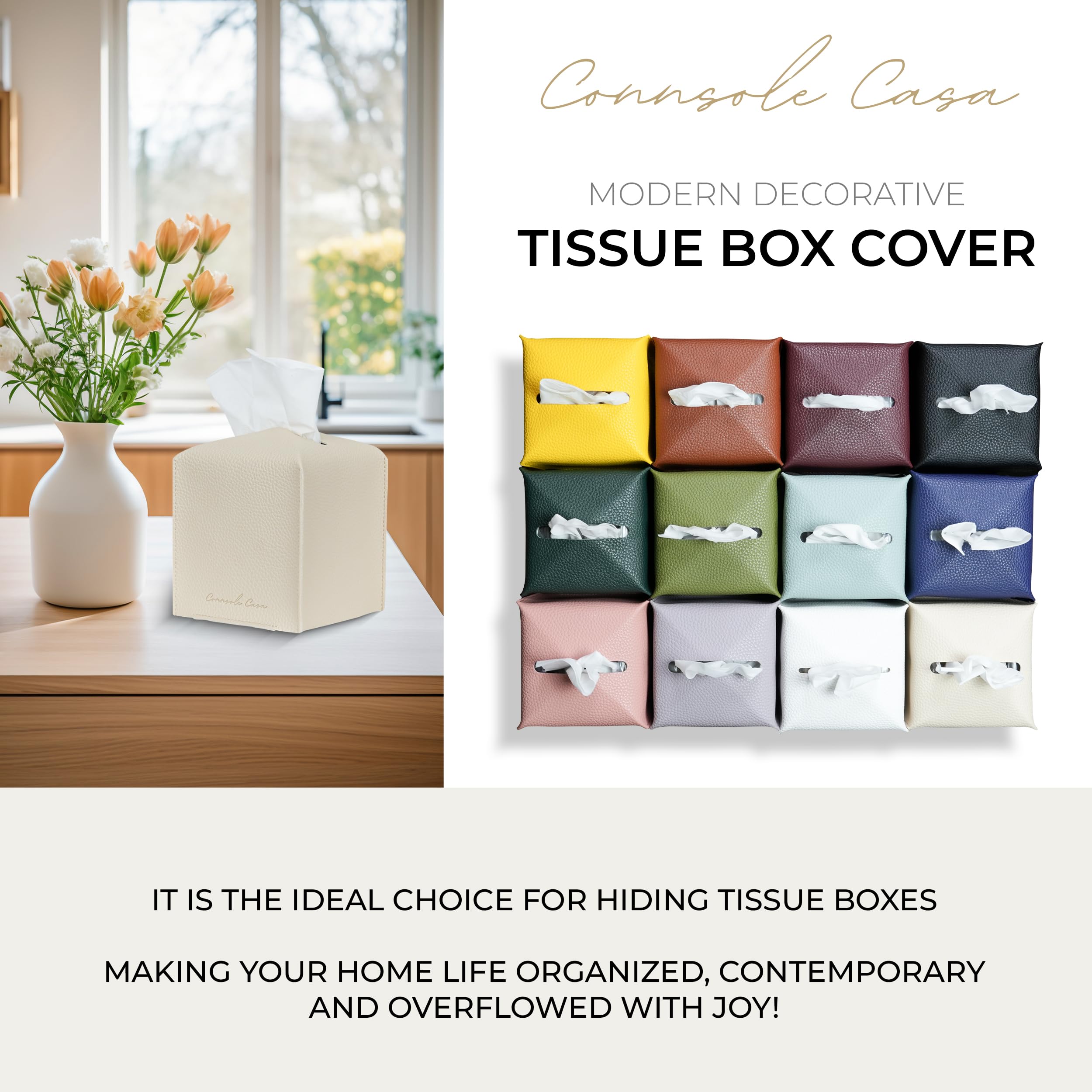 Connsole Casa Premium Pu Leather Tissue Box Holder - Elegant Hotel-Style Black Tissue Box Cover For Enhanced D  Cor Of Home, Off