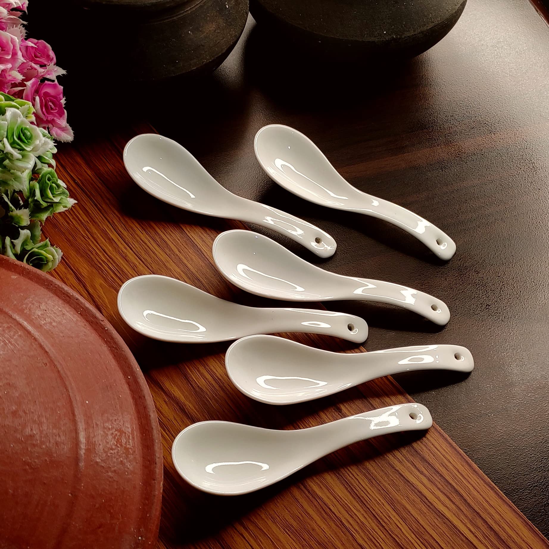 Vemlons Soup Spoon/Soup Spoons Ceramic Soup Spoon/Soup Spoon Set of 6 Pure Ceramic White Color Microwave Safe 15 cm Soup Spoons