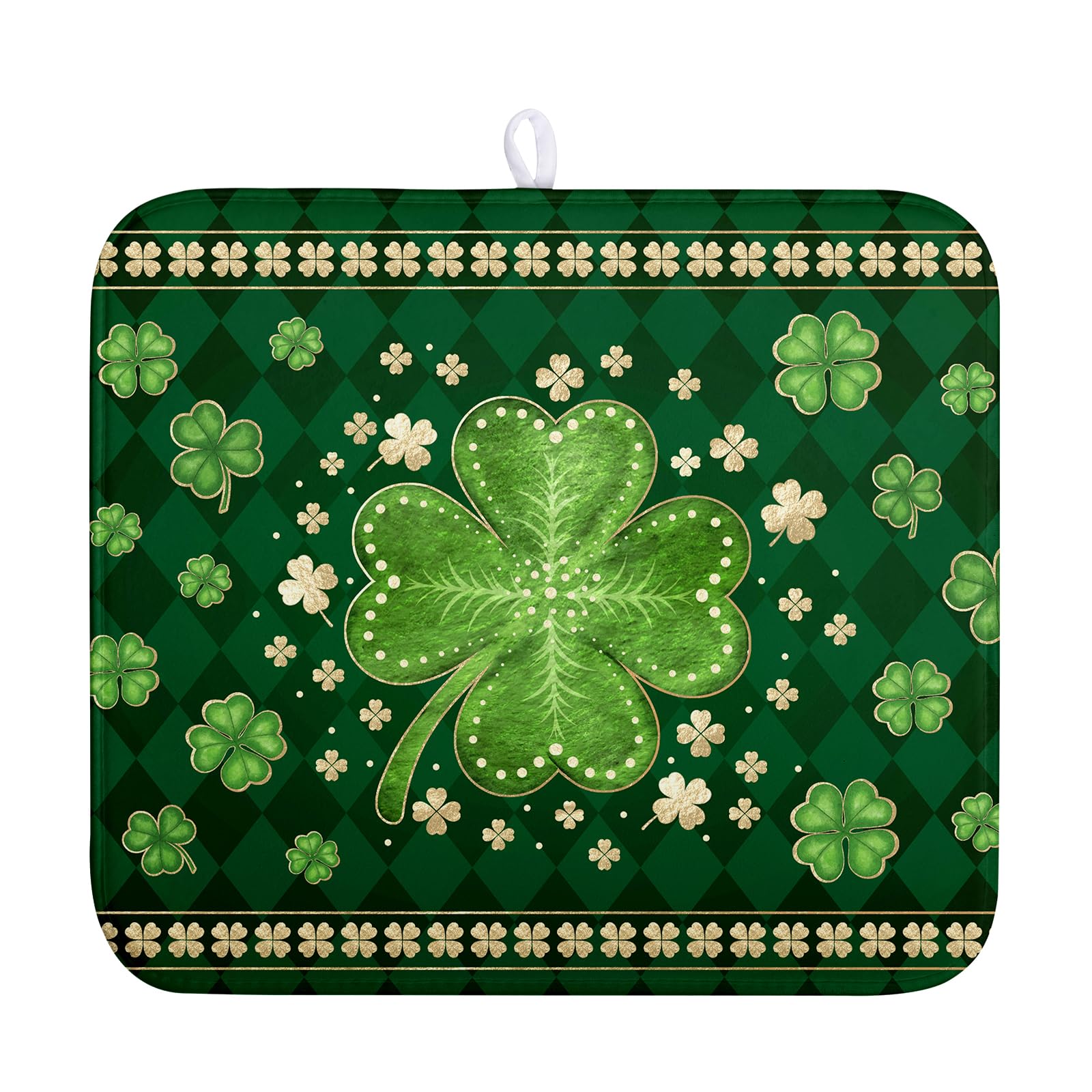 Kwlegh St Patricks Day Drying Mat for Kitchen Counter Shamrock Dish Drying Mats Lucky Clovers Green Plaid Dish Dryer Pad Absorbe