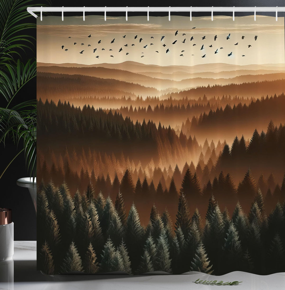 Ambesonne Brown Shower Curtain, Nature Wilderness Landscape Panorama Sunset On Mountain Forest Flying Birds, Cloth Fabric Bathro