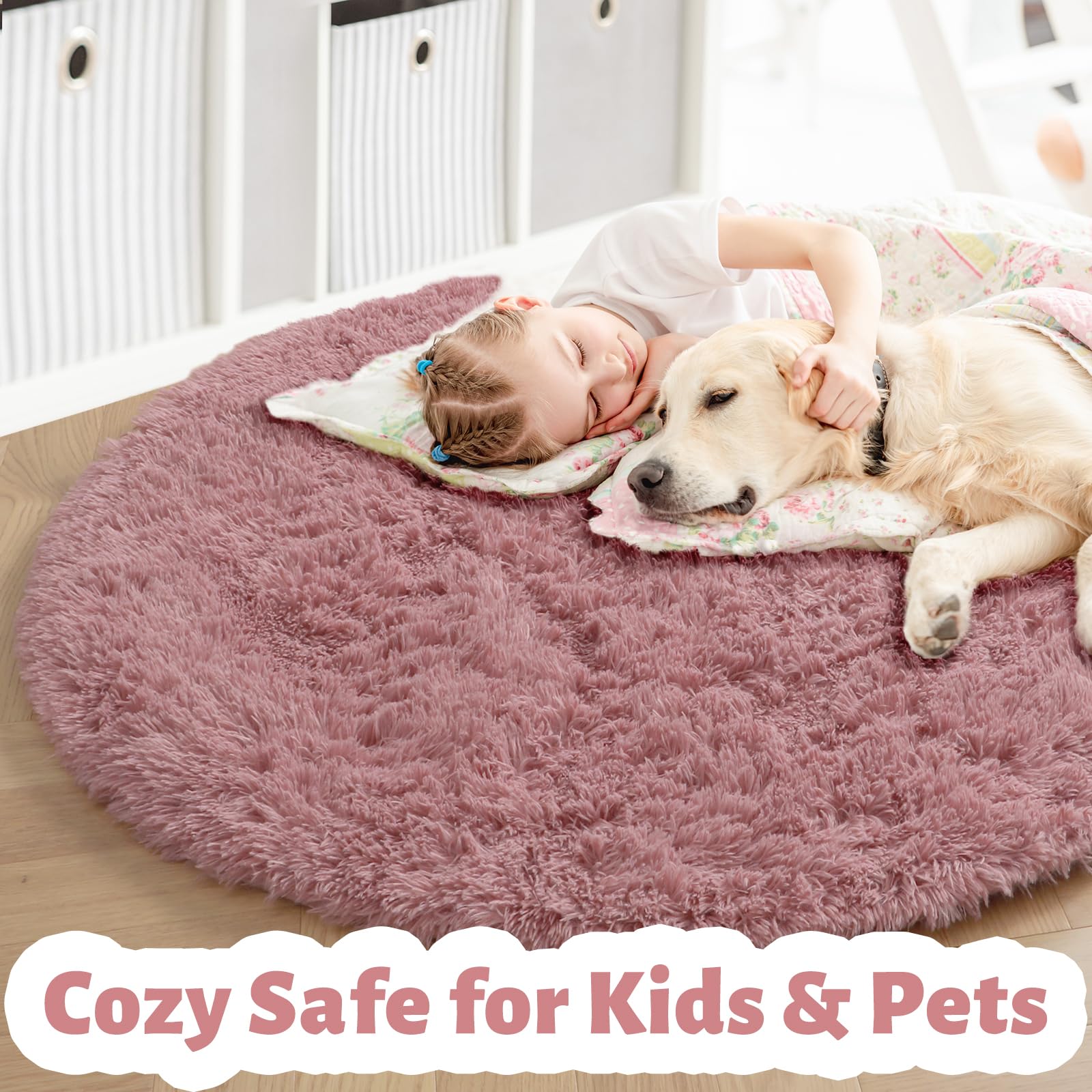 Blush Round Rug 6Ft for Bedroom, Fluffy Fuzzy Plush Circle Area Rugs for Baby Kids Room Decor Aesthetic, Shaggy Circular Carpet