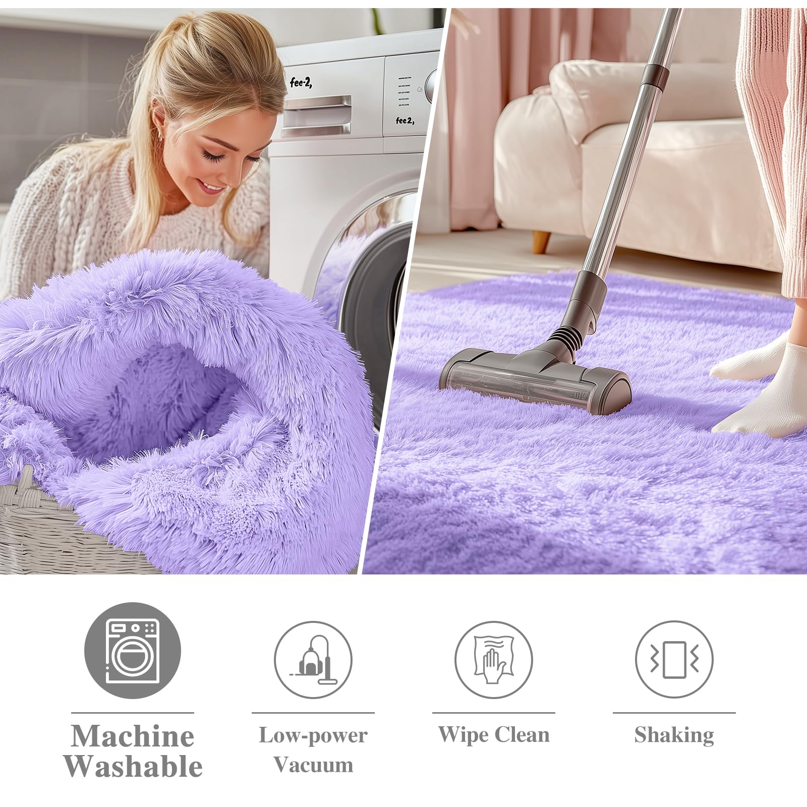 OLANLY Light Purple Round Rugs for Bedroom - Machine Washable, 4 ft Circle Area Rugs for Living Room, Soft and Fluffy Shaggy Car