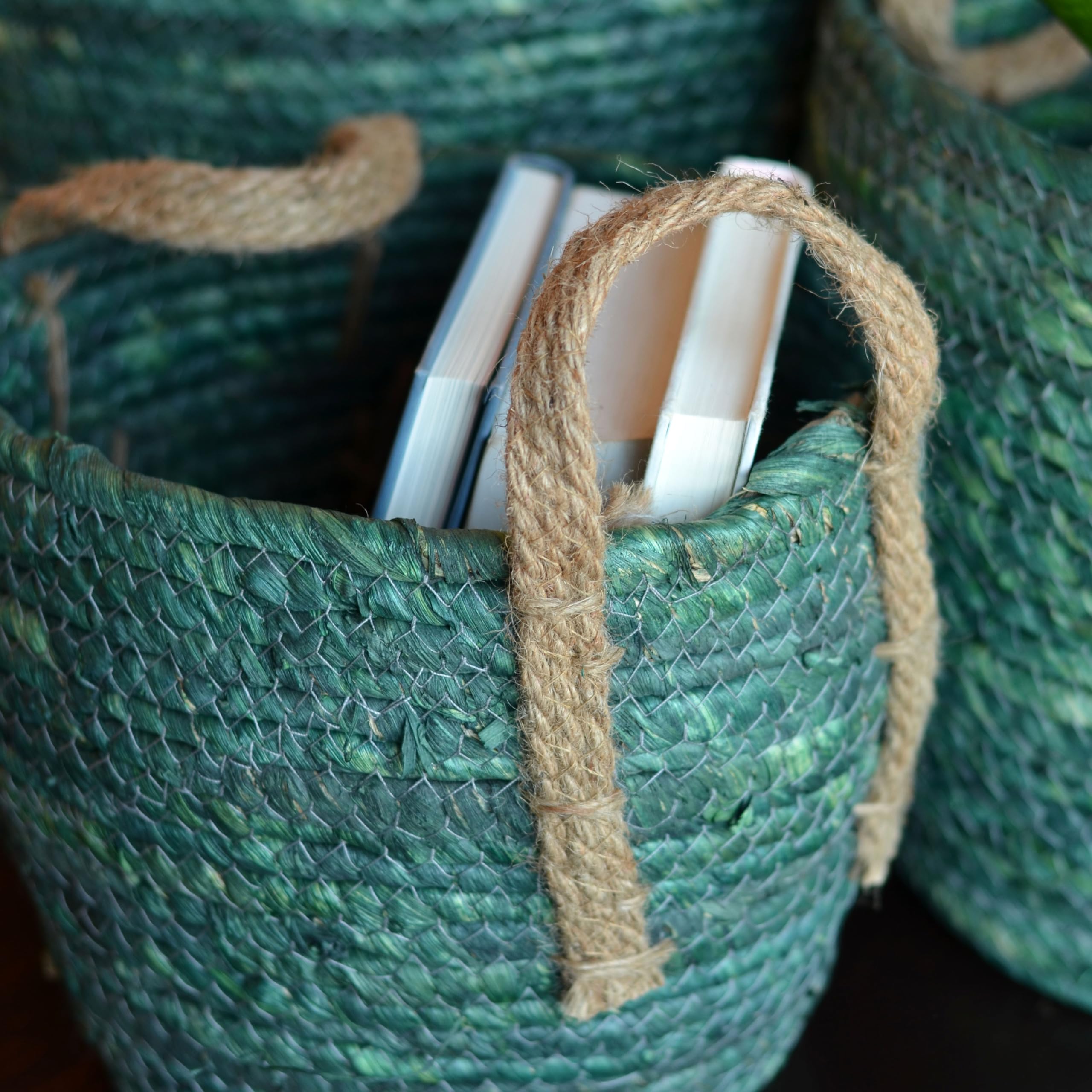 Farmers 3 Piece Basket Set, Green Dye Soaked Floor And Shelf Organizers, Corn Husk Wicker, Durable Chunky Rope Weave, Handles, S