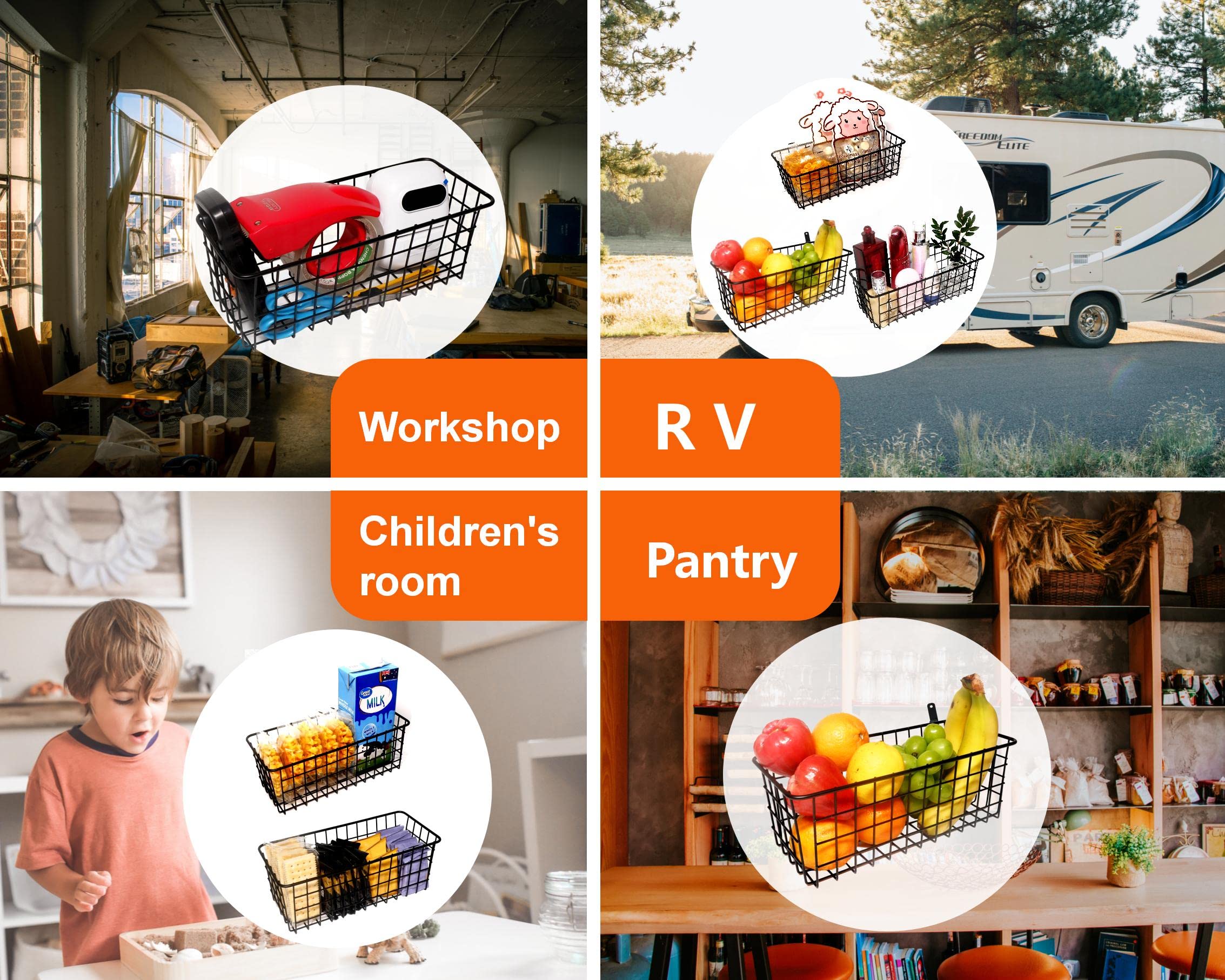3 Set Hanging Wire Baskets Wall Mount Fruit Basket No Drilling Adhesive Small Metal Basket Farmhouse Food Storage Mesh Bin Kitchen Pantry Laundry Bathroom Closet Garage RV Black