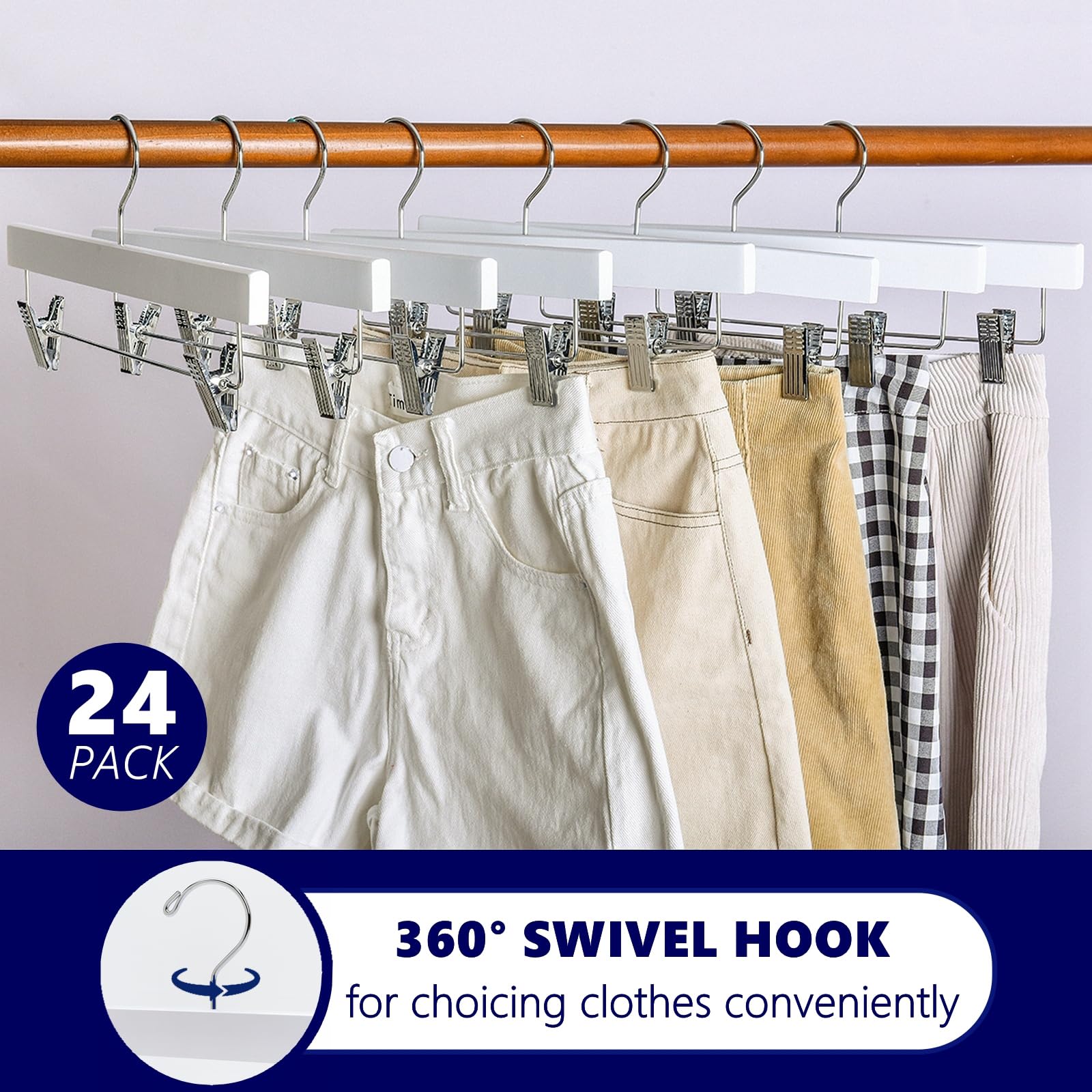 Amber Home White Wooden Pants Skirts Hangers 24 Pack  Solid Wood Trousers Bottom Hanger with 2-Adjustable Clips  Clips Hangers for Slacks  Jeans  Shorts (White  24 Pack)