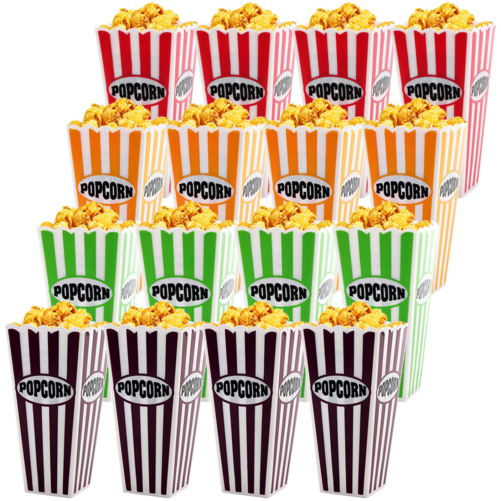 Jucoan 16 Pack Plastic Popcorn Containers, Retro Striped Popcorn Box, Reusable Popcorn Containers For Movie Night, Party, 7.5 X