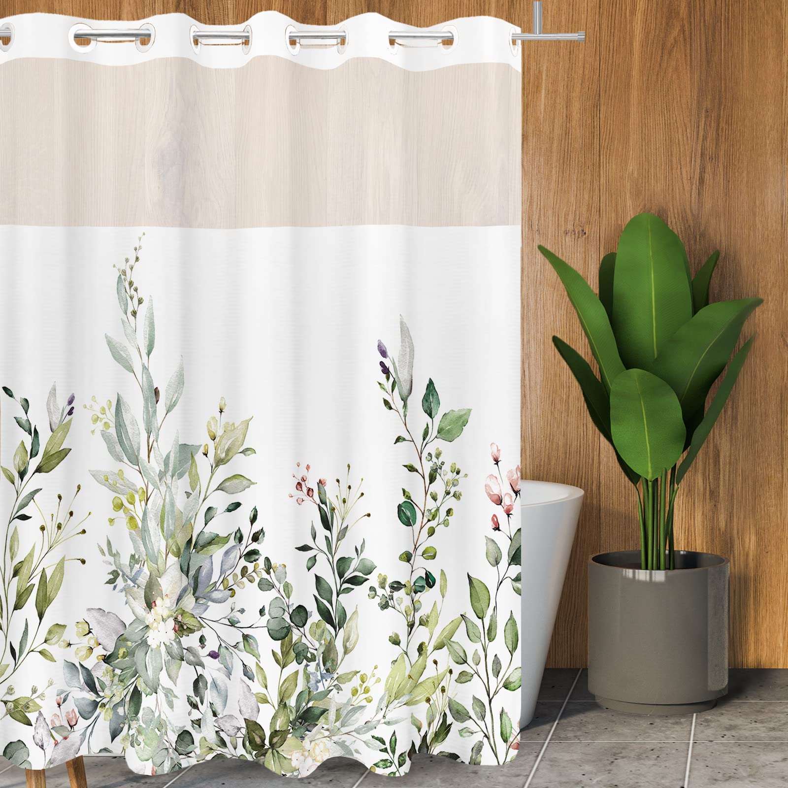 Tititex No Hooks Snap In Liner Green Eucalyptus Leaves Shower Curtain Sets, Hotel Luxury Double Layers Waterproof Fabric & See-T