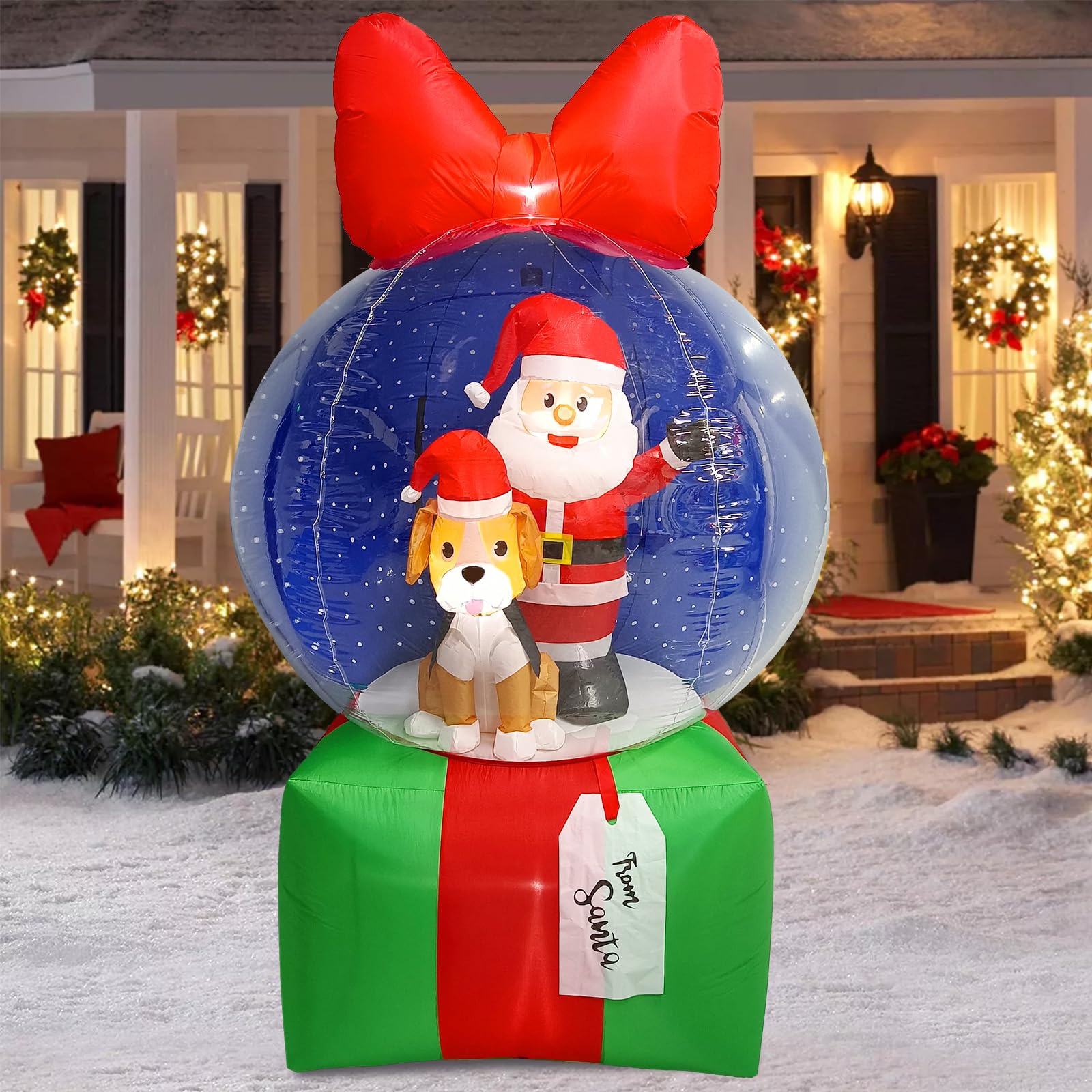 UniqSeason 8Ft Christmas Inflatable Snow Globe Decoration with Santa & Puppy in Xmas Snow Ball Blow Ups with Gifts Box Built-in 