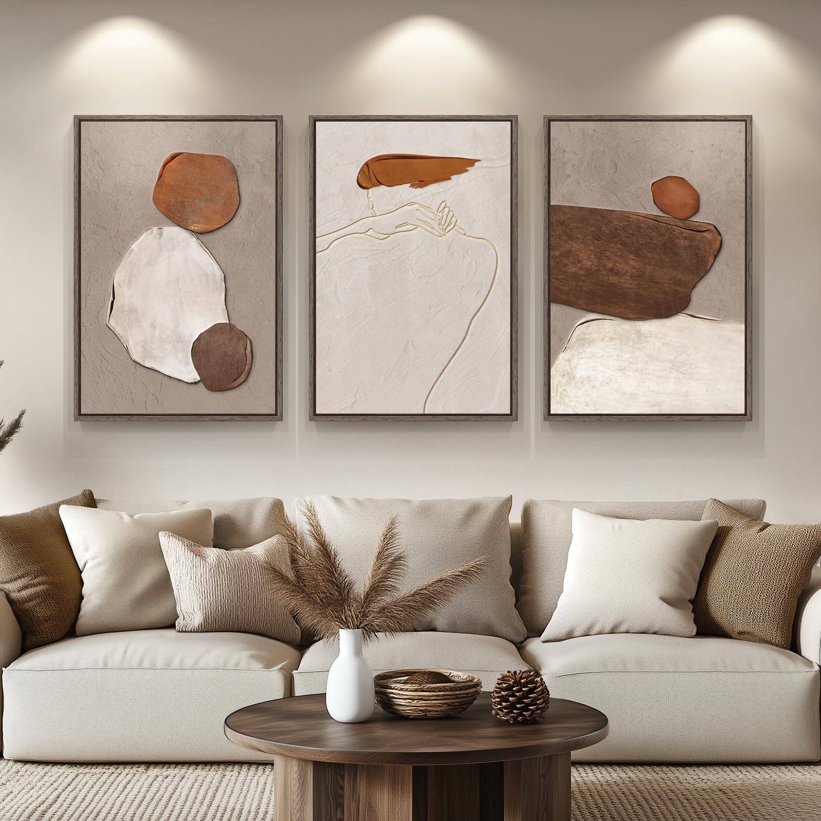 Large Framed Neutral Modern Abstract Wall Art For Living Room, Set Of 3 Canvas Paintings Artwork For Walls, Minimalist Wabi Sabi