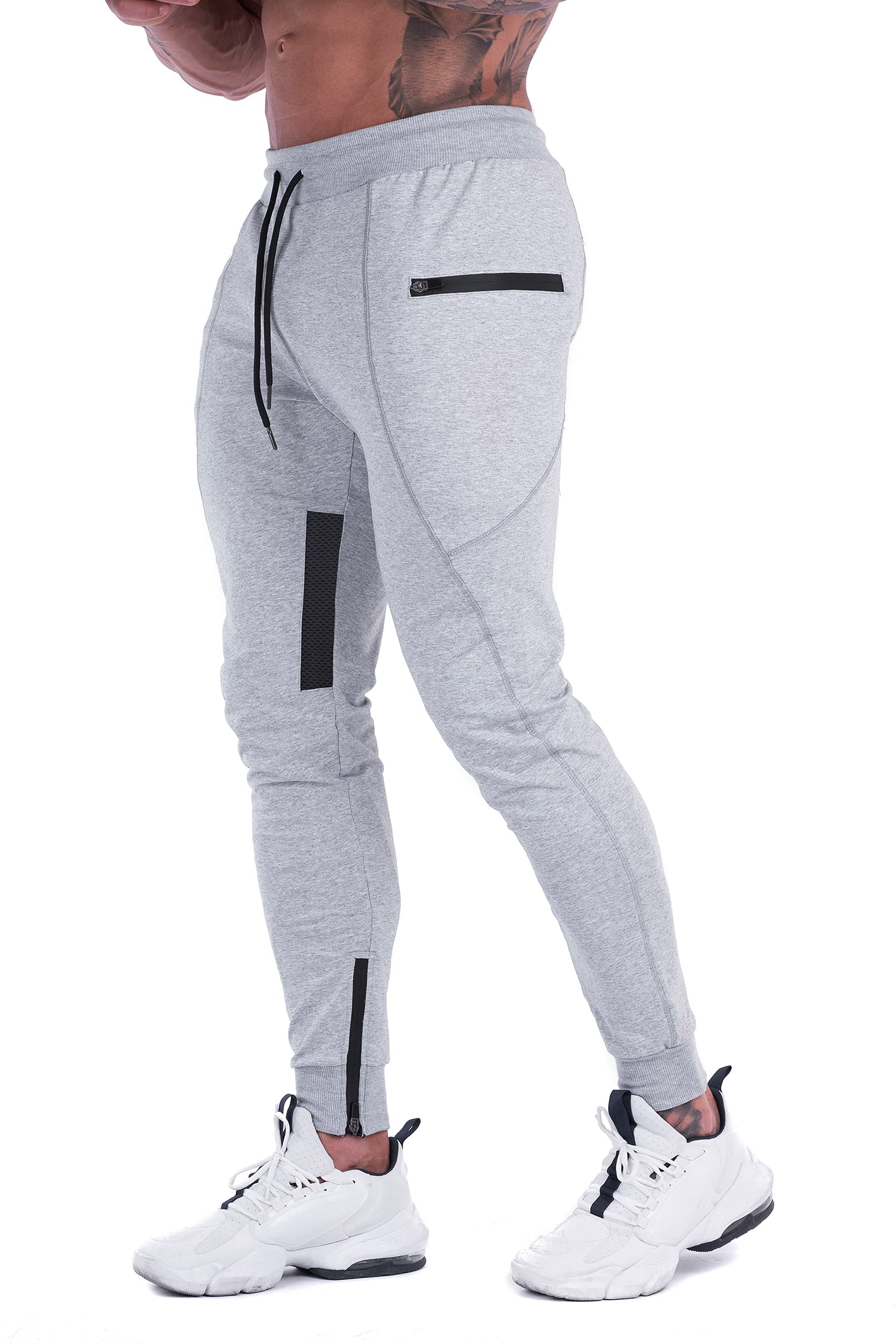 Firstgym Mens Joggers Sweatpants Slim Fit Workout Training Thigh Mesh Gym Jogger Pants With Zipper Pockets Light Grey