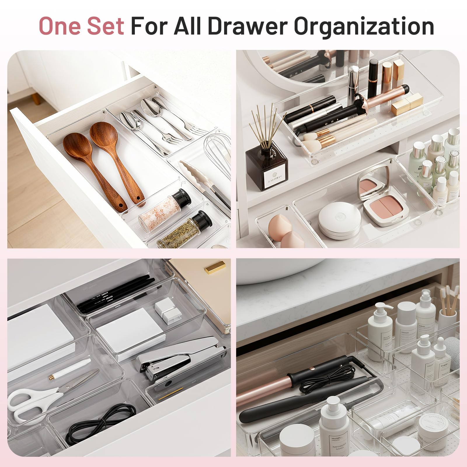 CHOWAY 8 Pack Large Clear Plastic Drawer Organizer Trays - Acrylic Kitchen Drawer Dividers for Utensils - 3 Sizes Heavy Duty Hom