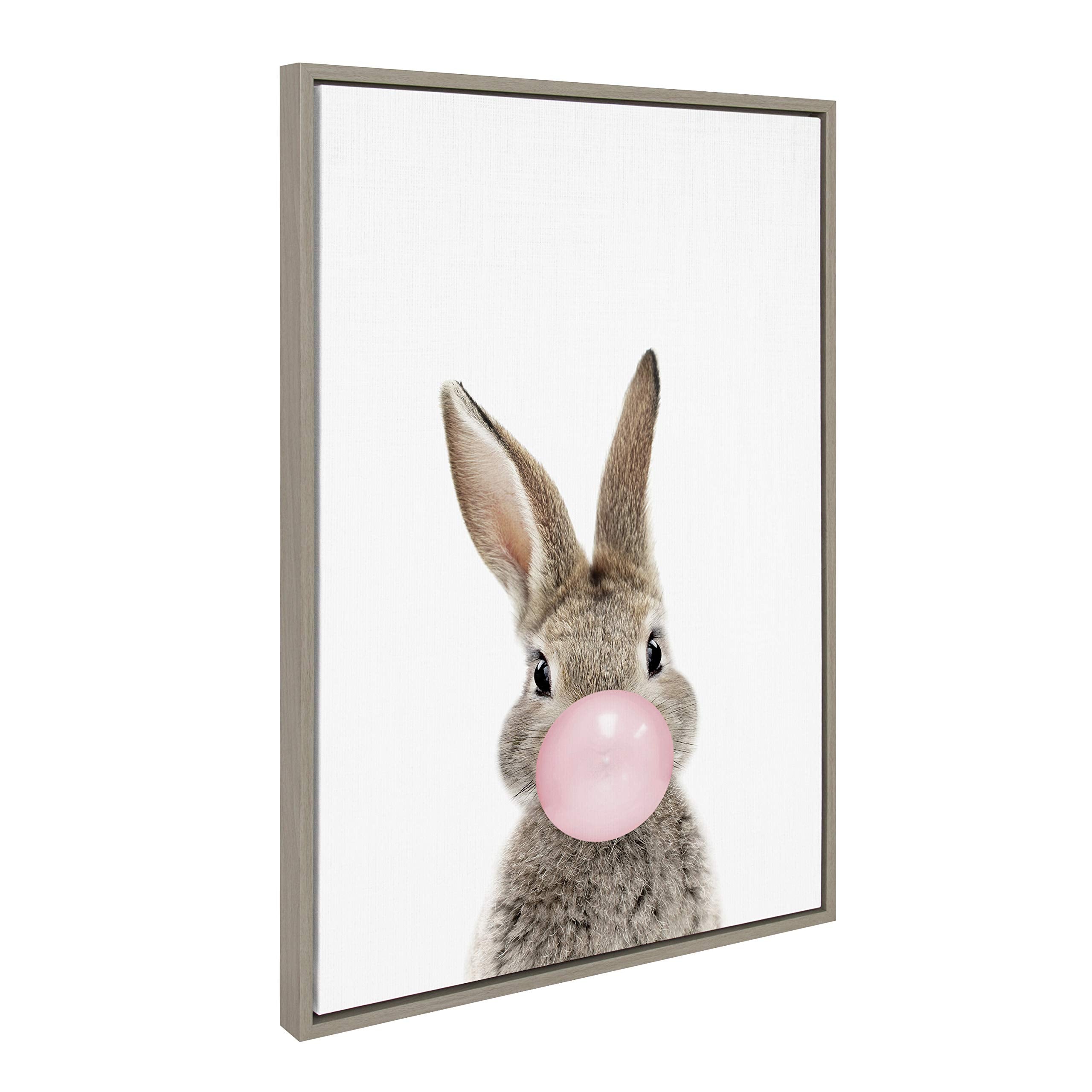 Kate And Laurel Sylvie Bubblegum Bunny Framed Canvas Wall Art By Amy Peterson, 23X33 Gray, Whimsical Baby Animal Art
