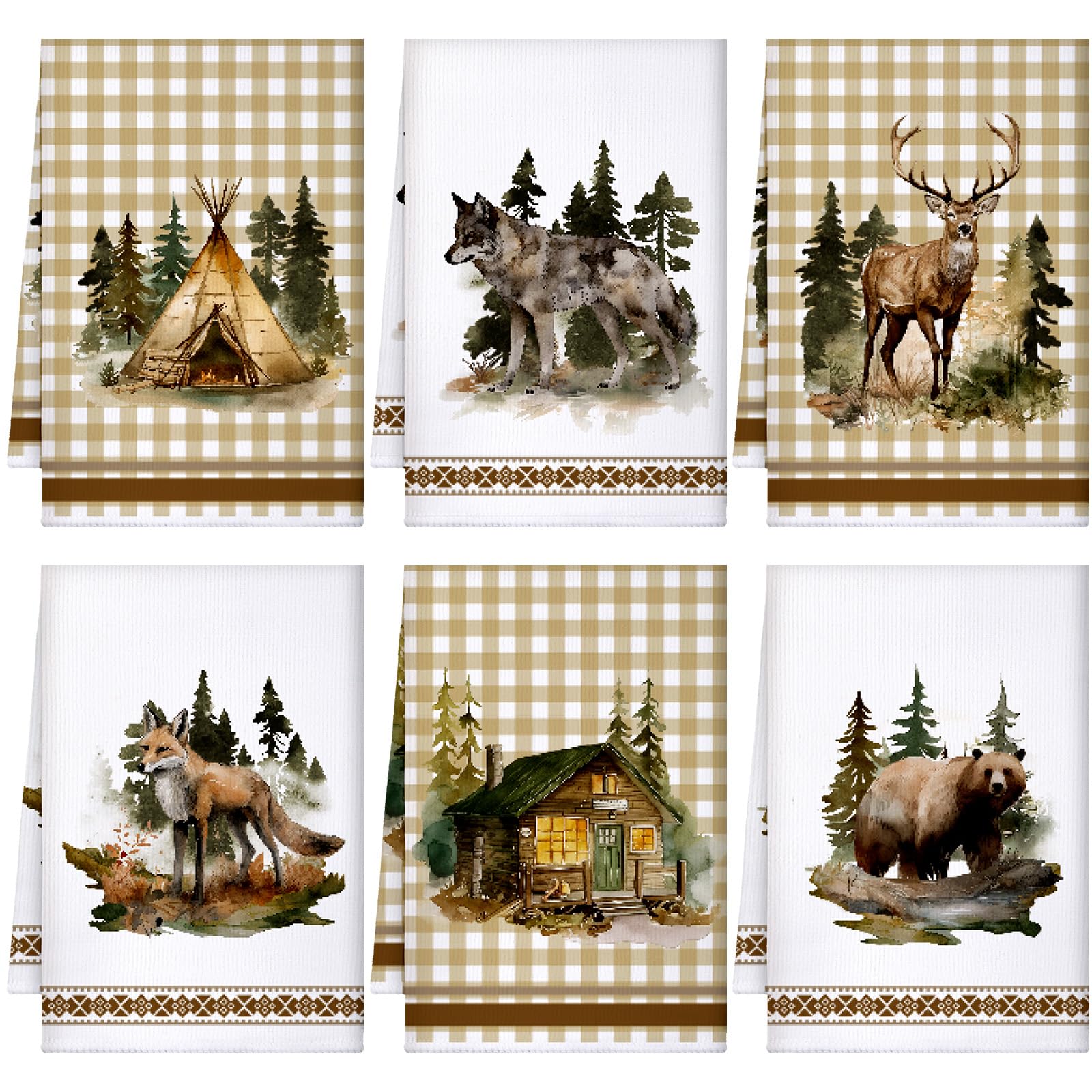 Bencailor 6 Pcs Decorative Kitchen Hand Towels Set Farmhouse Vintage Kitchen Dish Towels for Cabin Home Bathroom(Brown,Animal St