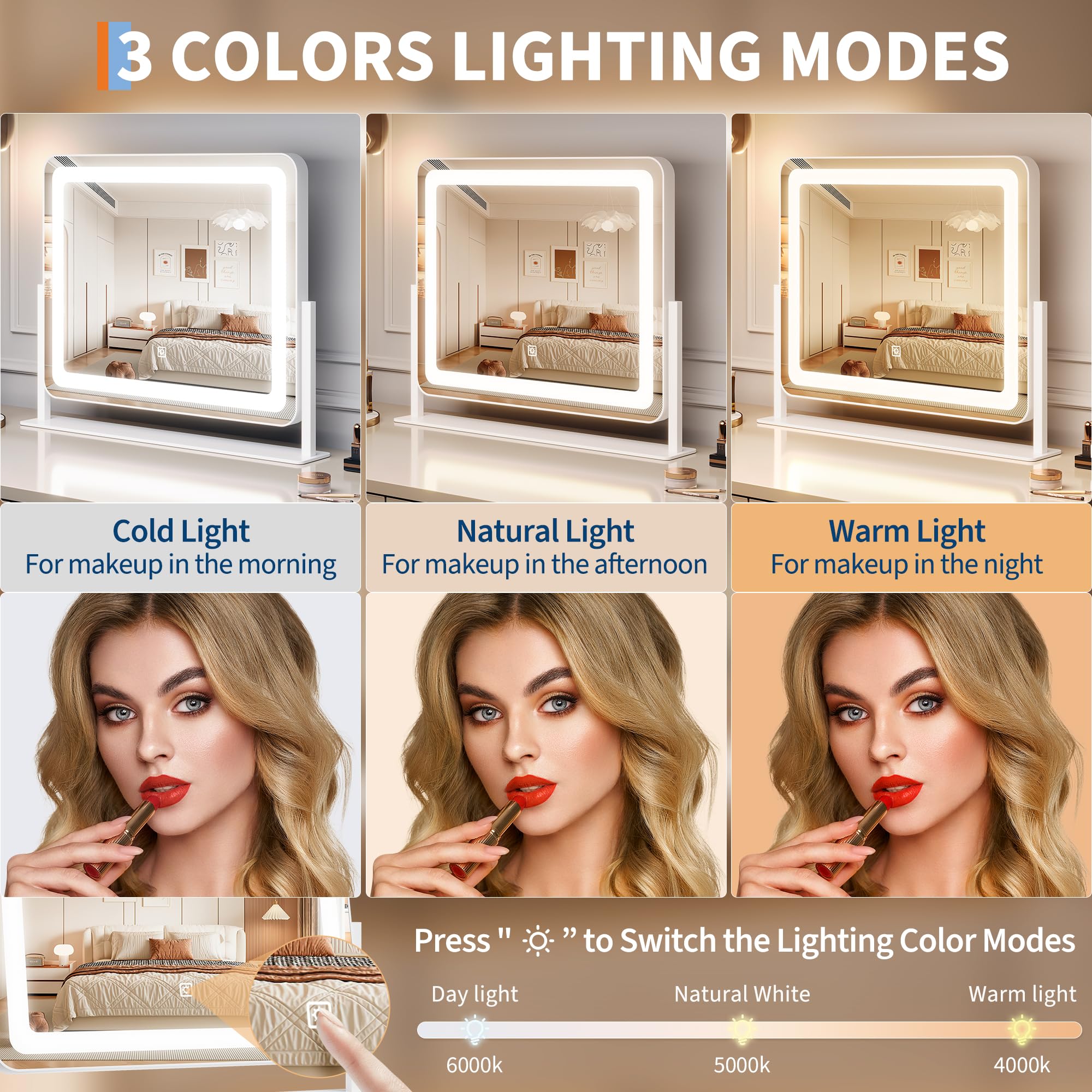 Vanity Mirror With Lights, 19.6X15.7 Led Makeup Mirror With Lights, Large Lighted Makeup Mirror, Touch Screen, 3-Color Dimmable