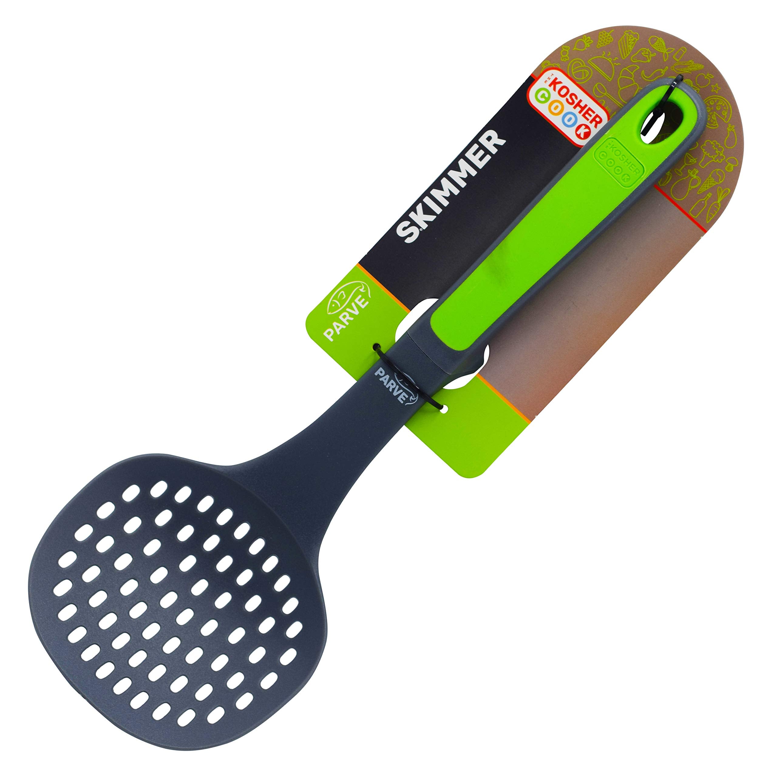 Parve Green Slotted Skimmer Spoon - Non Stick Silicone - Strainer For Soups, Stews, Gravy And Hot And Cold Foods - Comfortable H