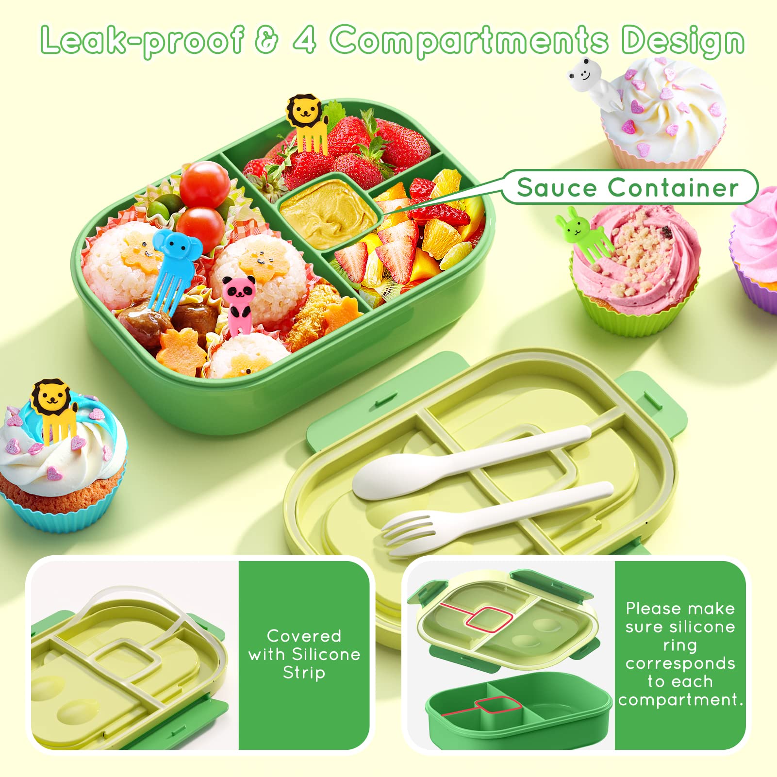 Time4Deals Bento Lunch Box Leakproof 44Oz Kids Lunch Box Containers With 4 Compartment, Bento-Style Lunch Bento Box With Cutlery