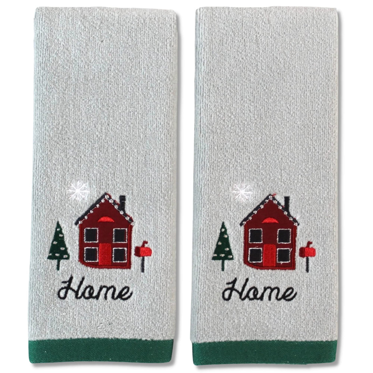 Christmas Fingertip Towels: No Place Like Home For The Holidays Plush Velour Cotton Embroidered Country House On Gray, Set Of 2