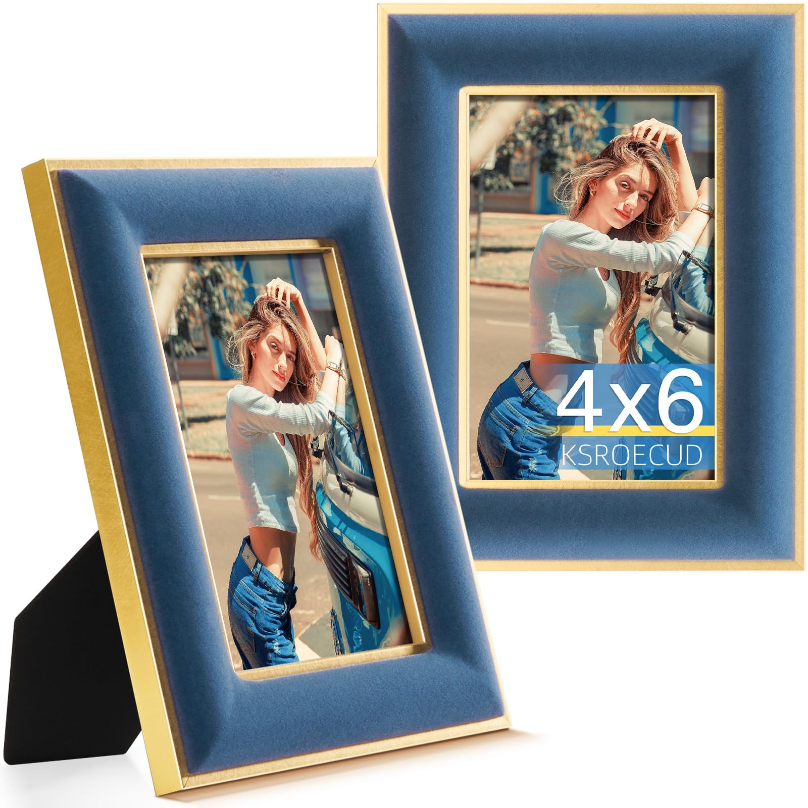 KSROECUD 4x6 Velvet Picture Frame, Navy Blue Photo Frames with Modern Simple Metallic Gold Border, HD Real Glass Horizontal & Ve