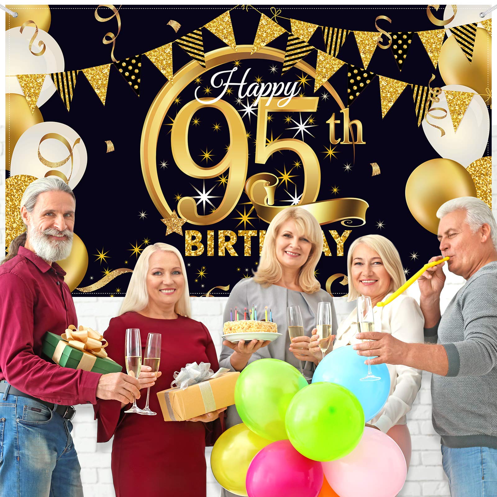 Birthday Party Decoration Extra Large Fabric Black Gold Sign Poster for Anniversary Photo Booth Backdrop Background Banner, Birt