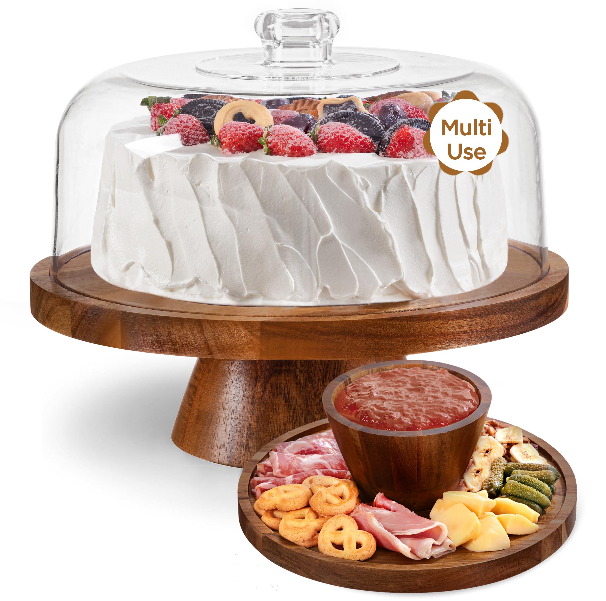 Hblife Cake Stand With Lid Multifunctional Cake Stand With Acrylic Dome Acacia Wood 6-In-1 Cake Plate Display Stand With Cover F