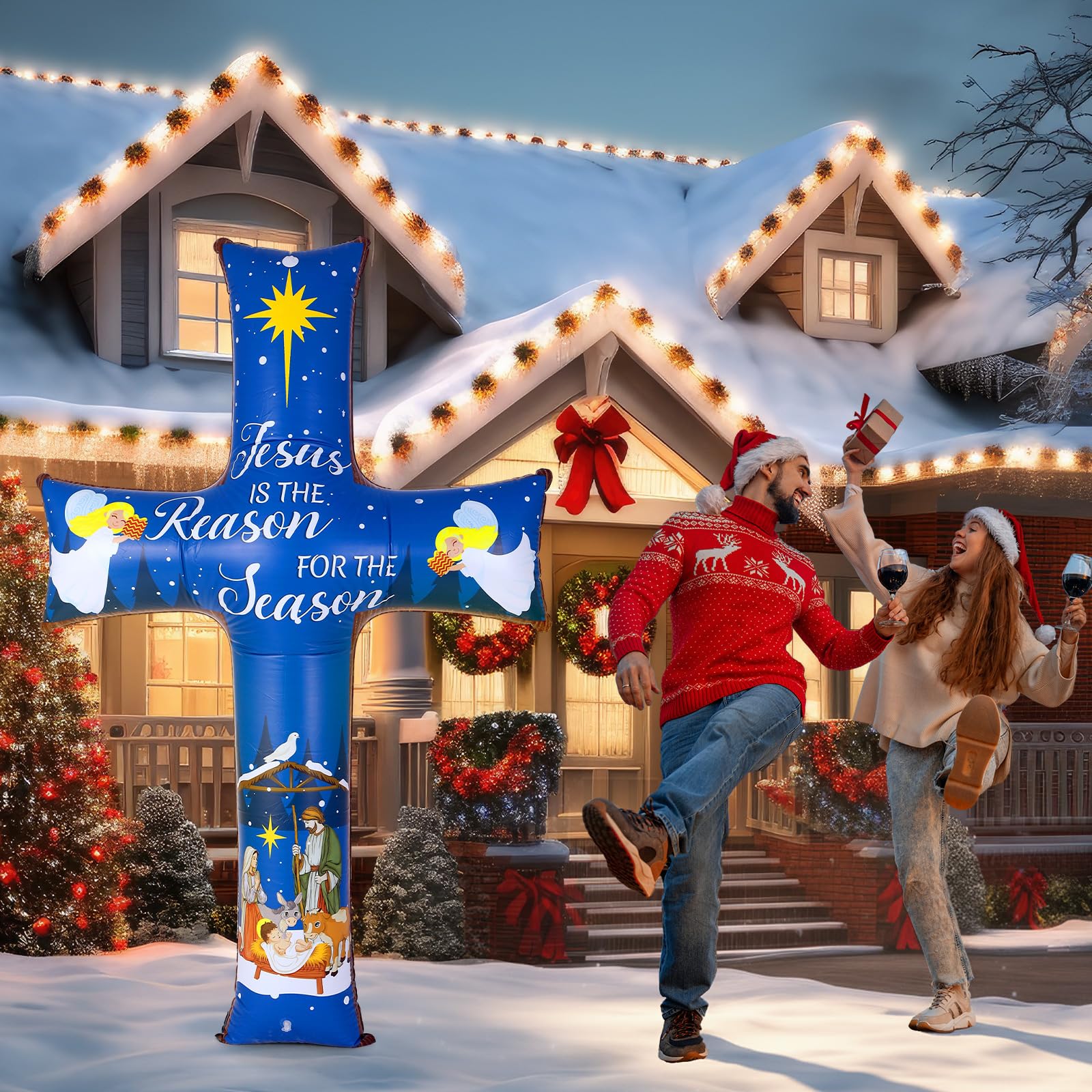 Blueweenly 6FT Christmas Inflatable Nativity Scene Decoration Cross Blow up Outdoor Decor Jesus is The Reason for The Season Chr