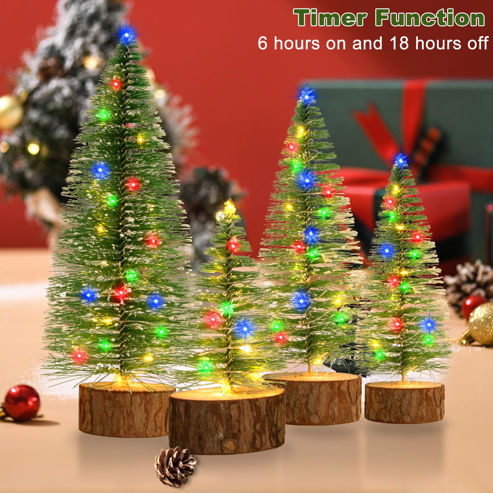 4Pcs Mini Christmas Trees, 2 Modes Timer Bottle Brush Christmas Trees, Artificial Christmas Tree, Mini Snow Frost Trees with Woo