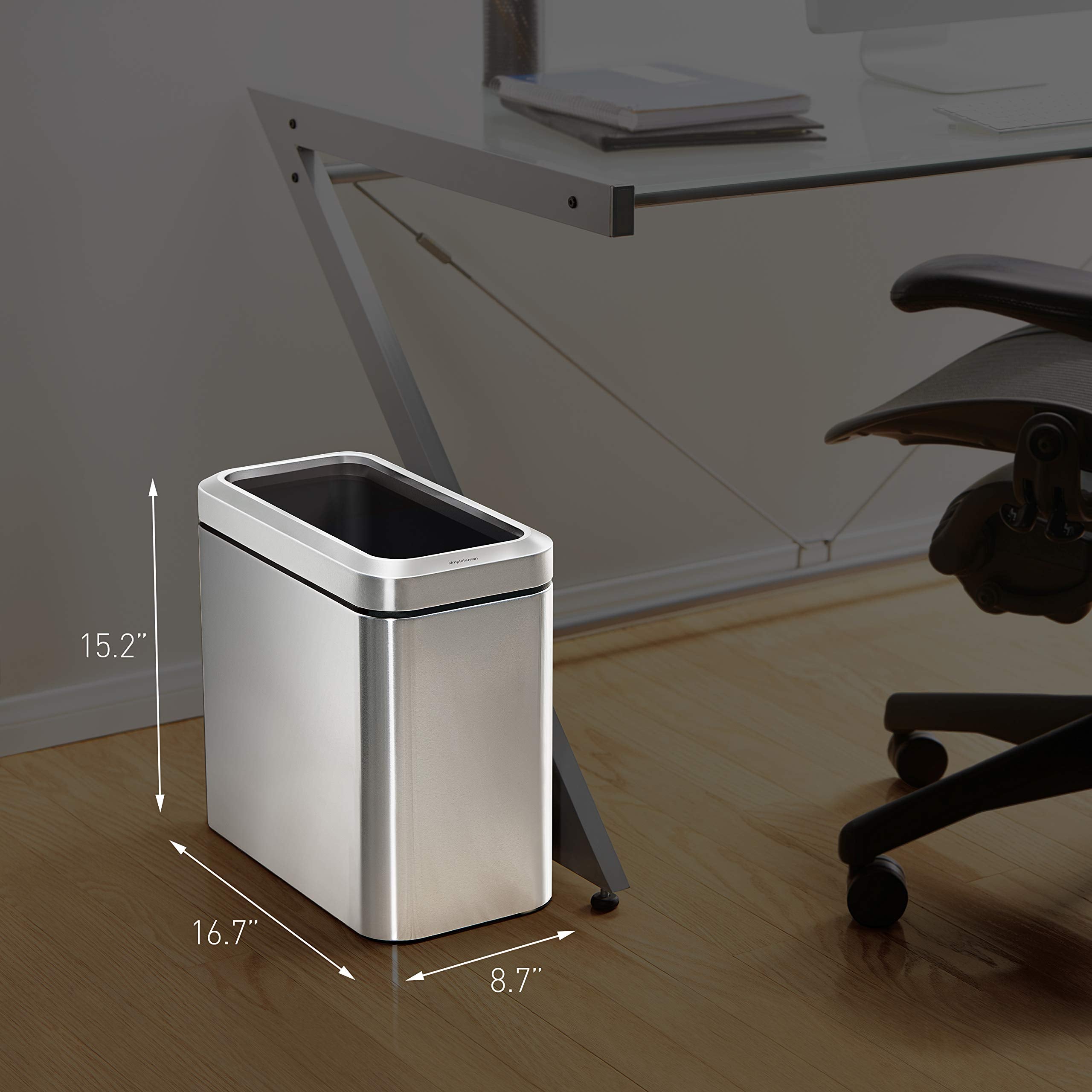 Simplehuman 25 Liter / 6.6 Gallon Slim Open Top Small Trash Can, Commercial Grade Heavy Gauge Office Trash Can, White Stainless