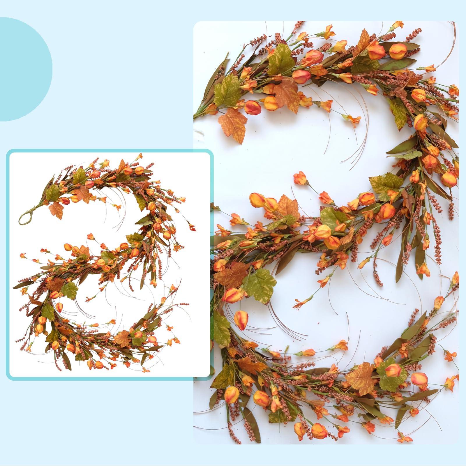 Fall Garland for Front Door, 82 Autumn Orange Maple Floral Wreath with Forsythia, Harvest Garland for Festival Thanksgiving Farm