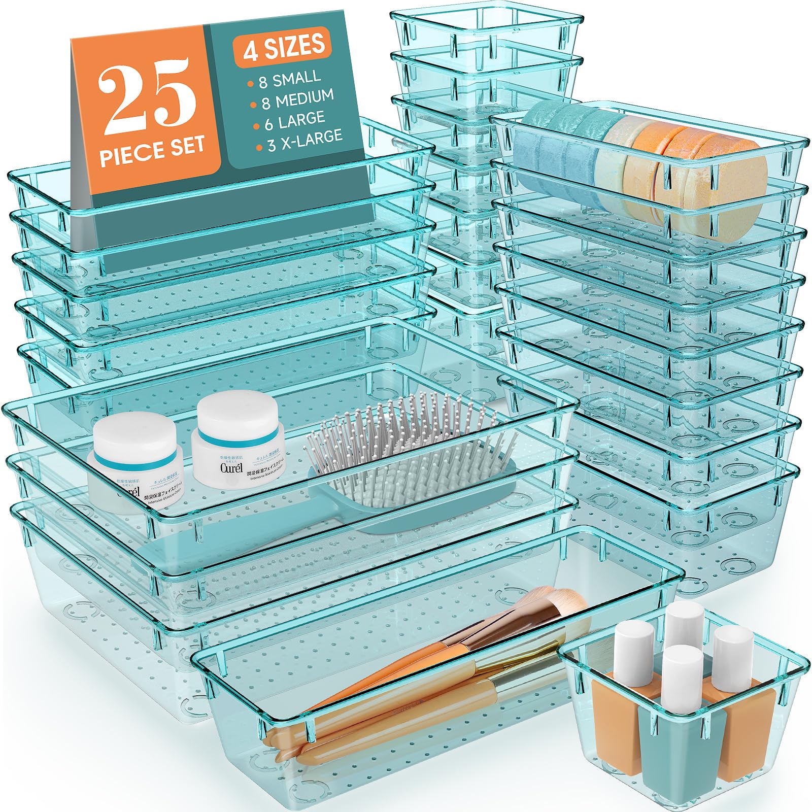 StorMiracle 25 PCS Drawer Organizer Set, 4 Varied Size Bathroom and kitchen Drawer cabinet organizer Trays, Clear Storage Bins f