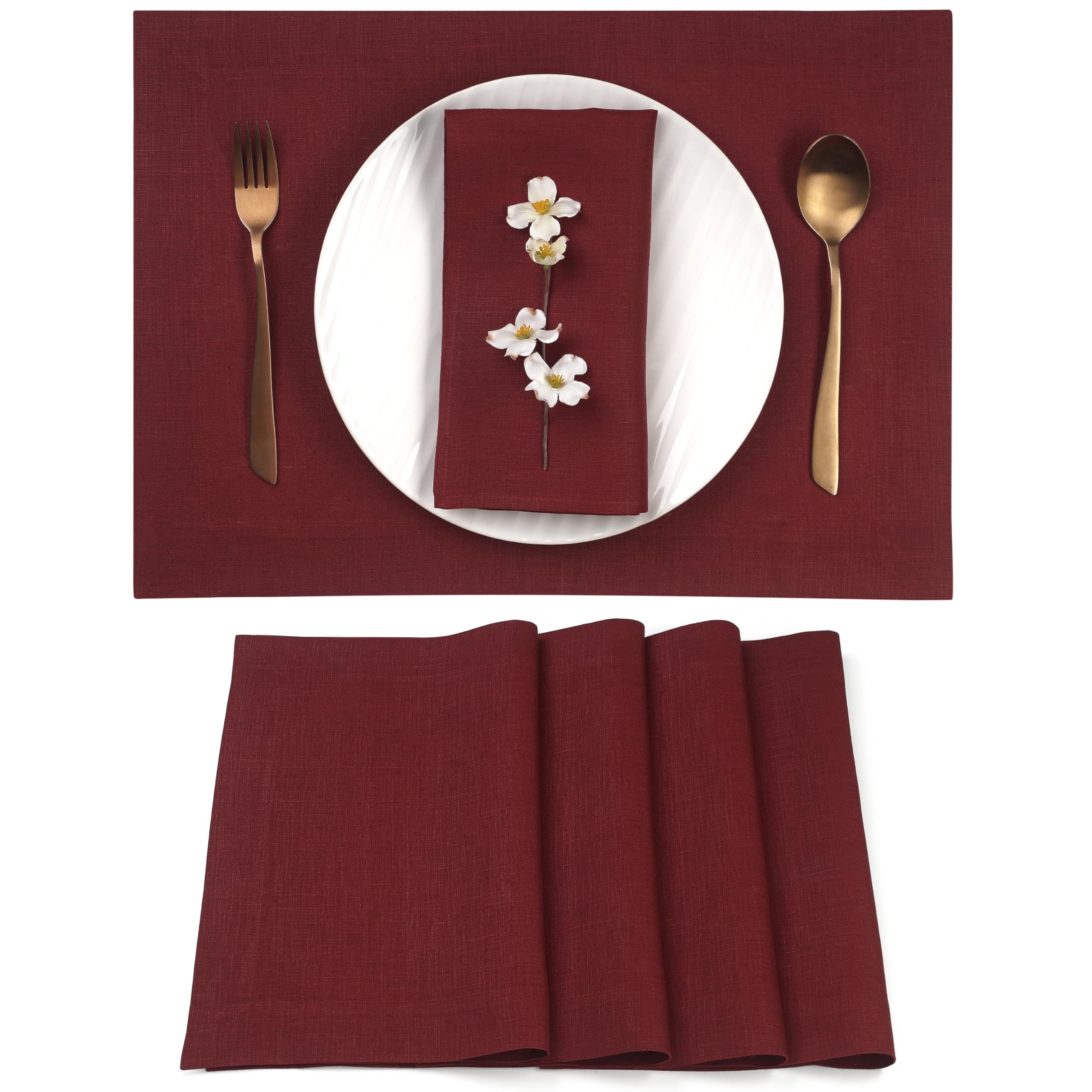 D'Moksha Homes Linen Placemats Set Of 4-100% Pure Linen Dark Red Placemats 14 X 19 Inch - Washable Dark Red Placemats For Spring
