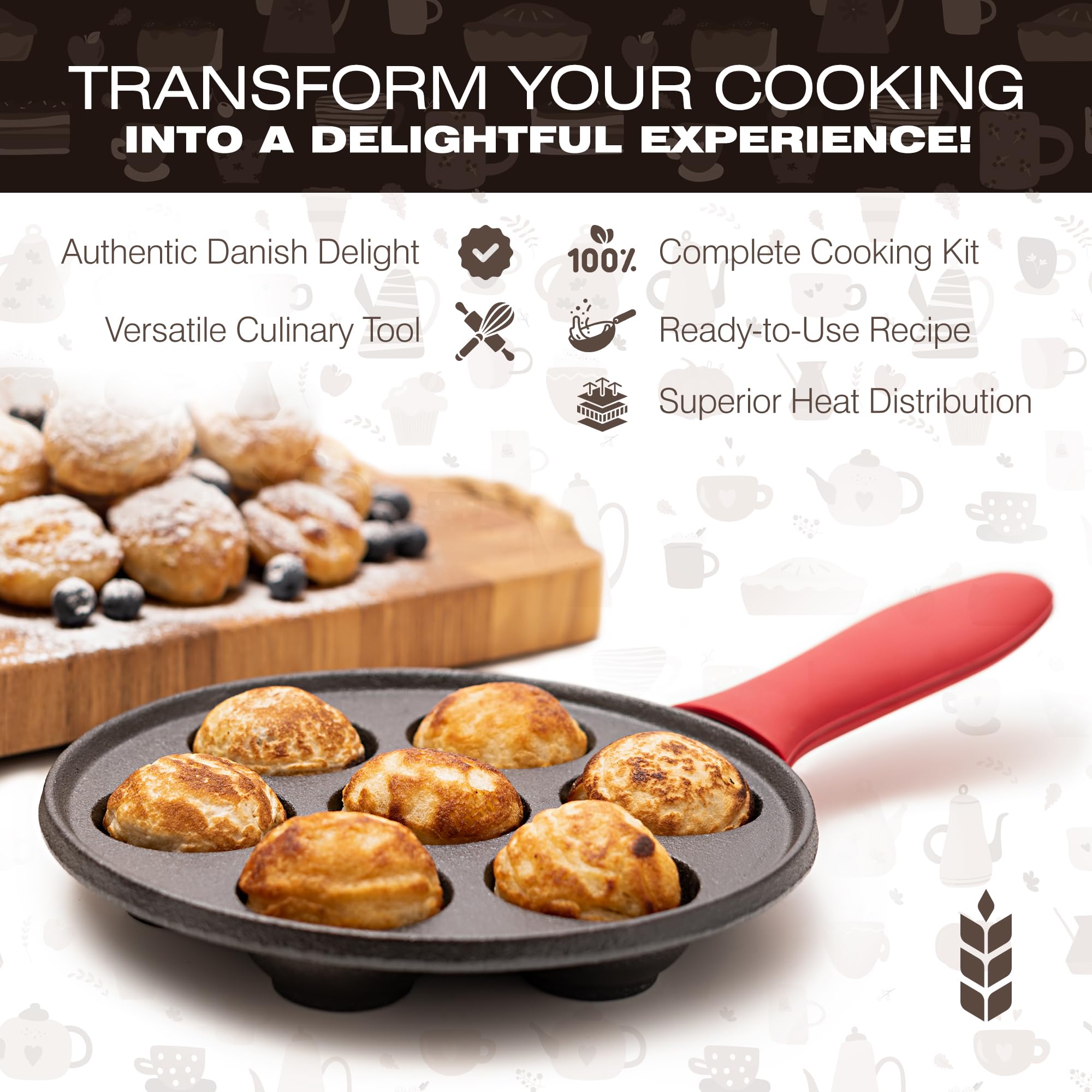 KUHA Aebleskiver Pan - Non-Stick Cast Iron Pancake Maker for Danish Treats, Electric Stovetop Compatible
