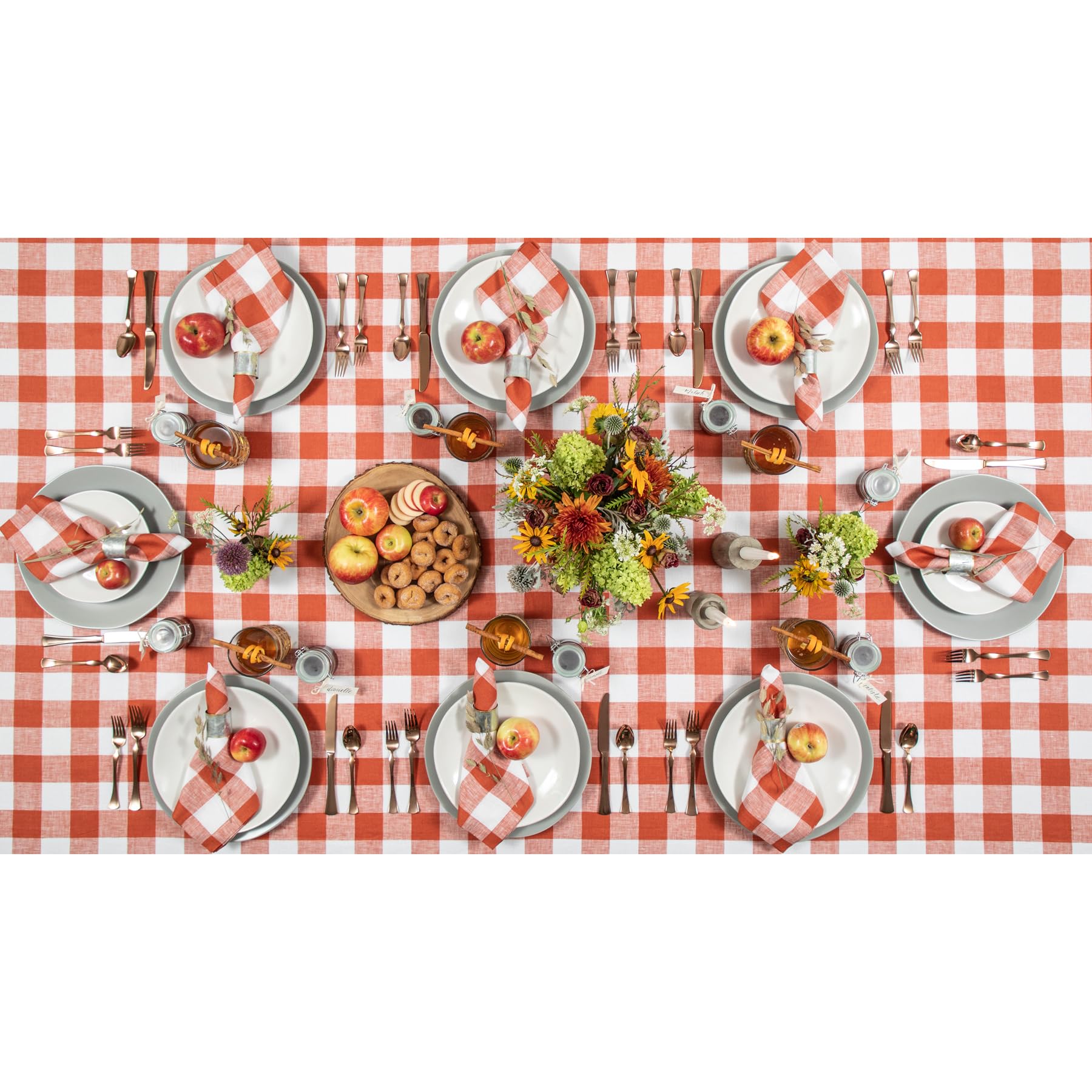 Solino Home Buffalo Check Linen Tablecloth 120 '' L X 60 '' W Inch - 100% Pure Linen Cinnamon And White Table Cloth For Rectangl