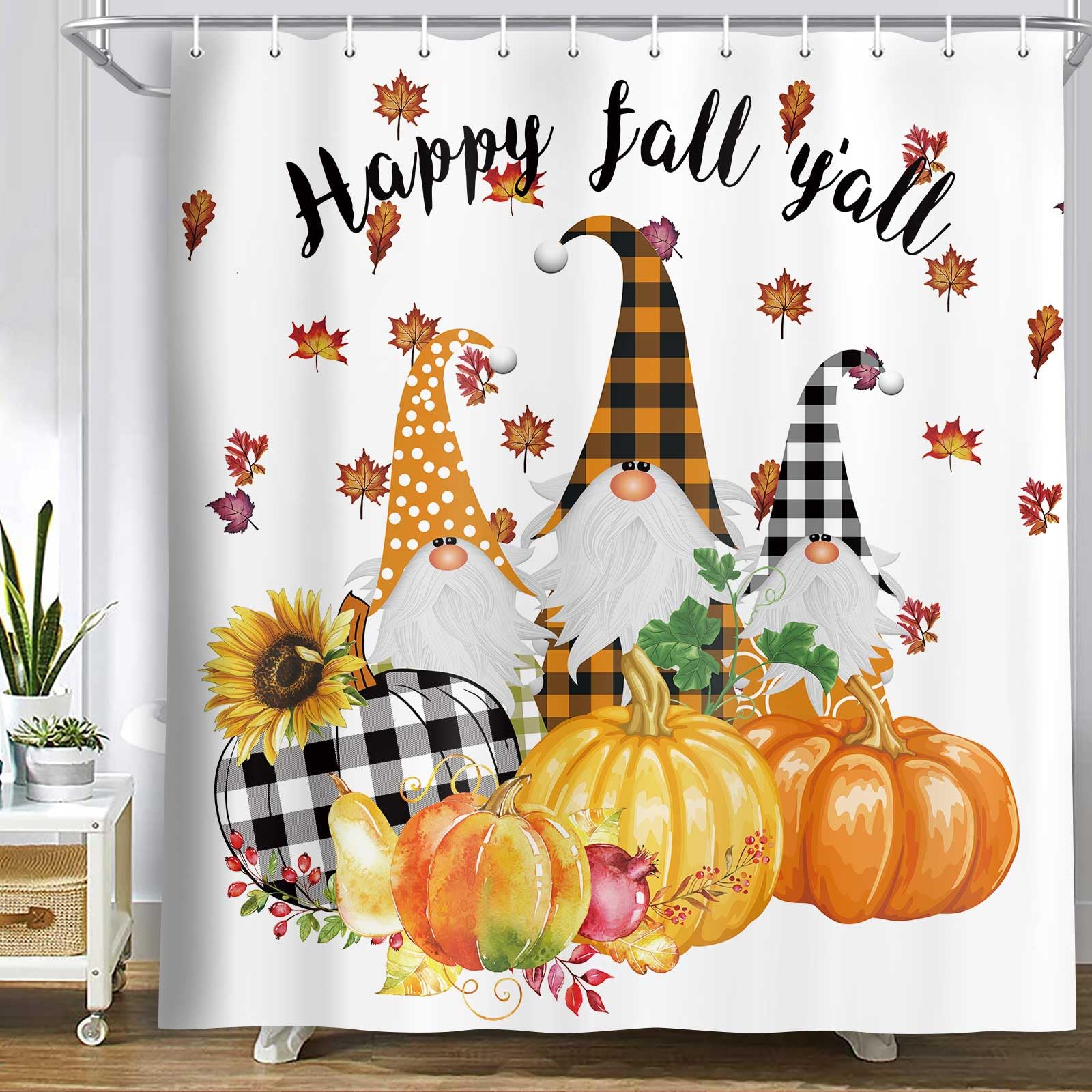 Merchr Fall Shower Curtain For Bathroom, Autumn Sunflower Pumpkin Gnome Design Thanksgiving Bathtub Curtains, Waterproof Fabric
