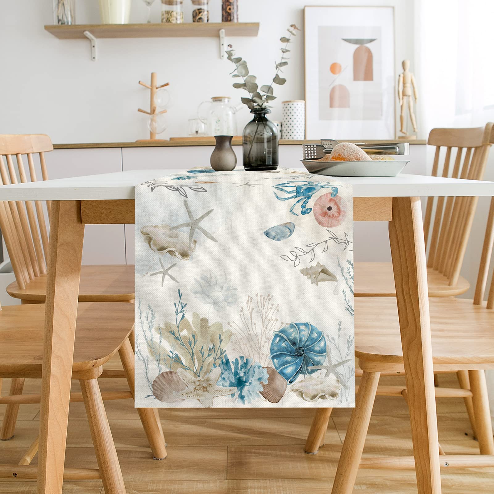 Procida Blue Beach Table Runner Tropical Ocean Coastal Table Runners Seashell Burlap Seasonal Nautical Kitchen Dining Coffee Tab