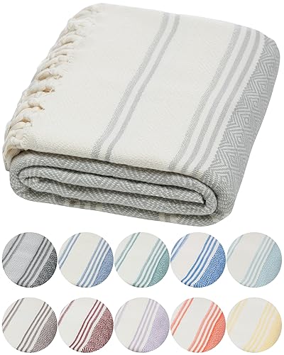 DEMMEX Certified 100% Organic Turkish Cotton Beach and Bath Towel  Peshtemal Blanket  Oversized Quick Dry Sand Free  Light Compact Travel Towel for Adults  Prewashed  71x36 Inches  14 Oz (Gray)