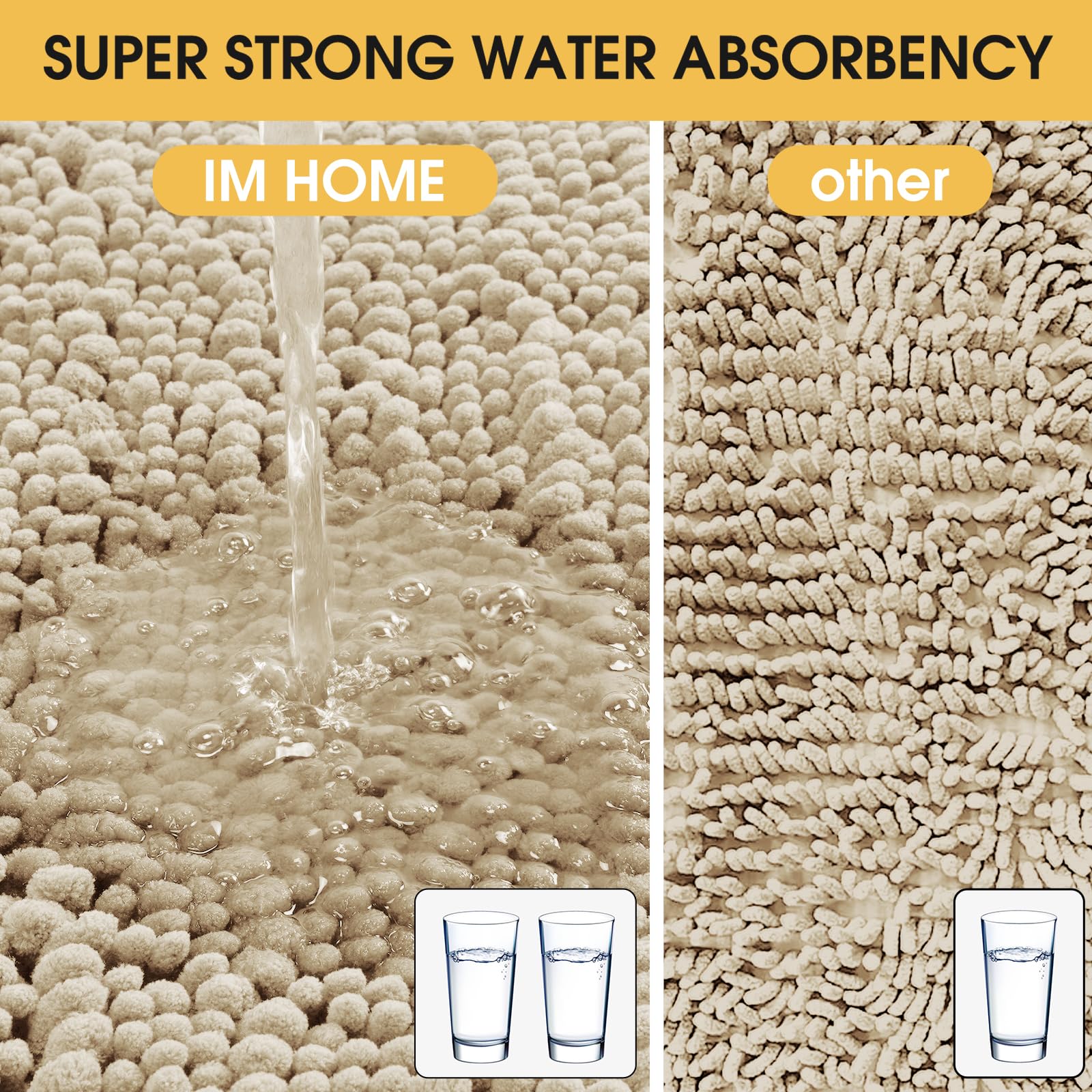 Accumtek Upgrade Extra Large Beige Bathroom Rug Set 3 Pieces Ultra Soft, Thick Absorbent Bath Mats, Non Slip Chenille Toilet Mat