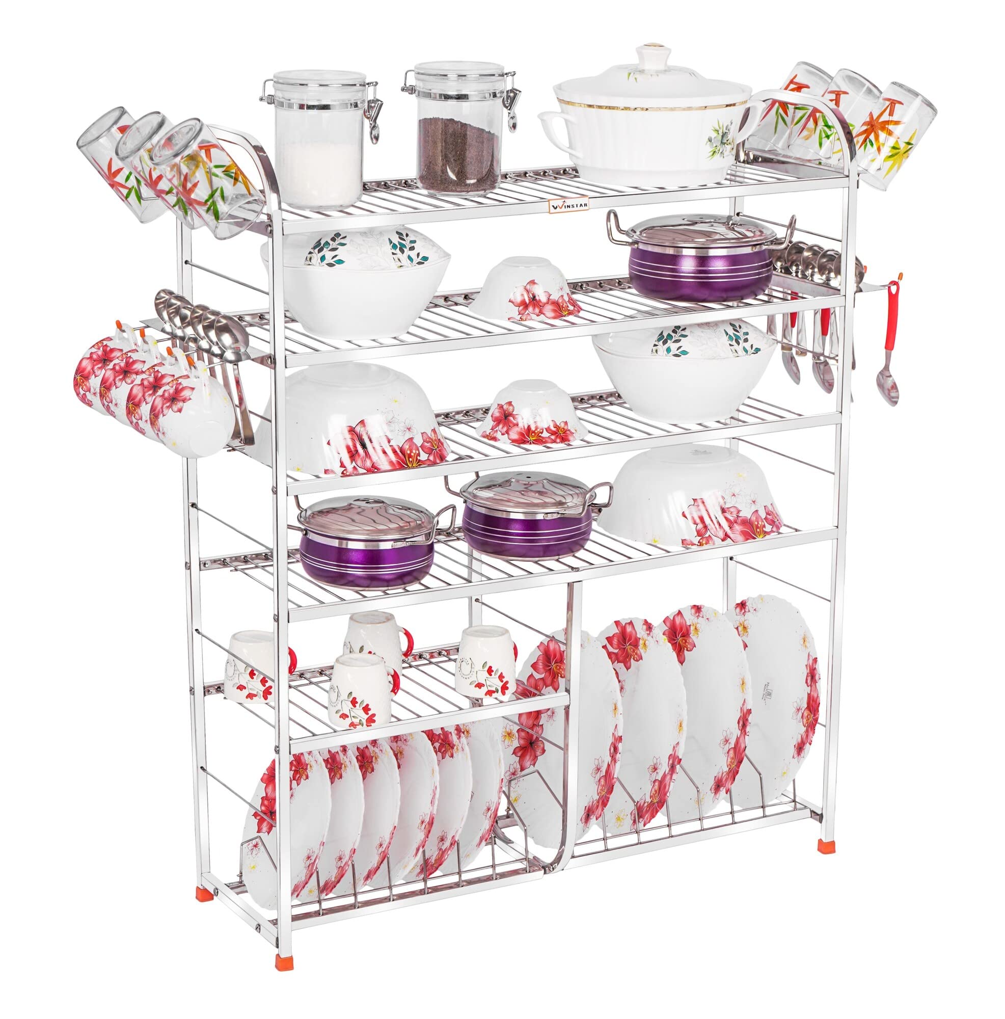 Winstar Stainless Steel 6 Shelf Wall Mount Utensils Rack | Dish Rack With Plate & Cutlery Stand | Modular Kitchen Storage Organi