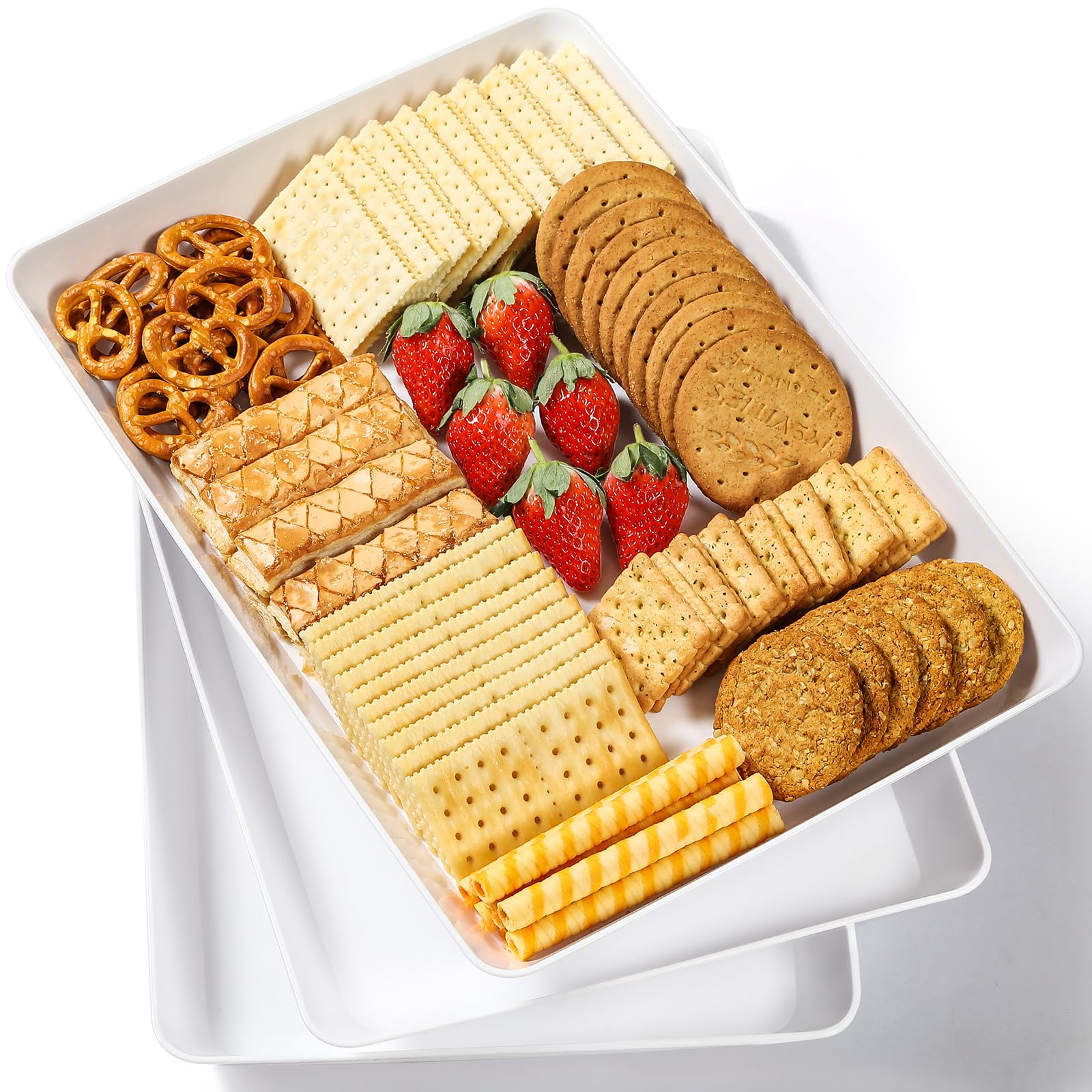 3 Pack, 16 x 11 Large White Serving Trays Set - Reusable Plastic Serving Platters for Cookie, Appetizer, Charcuterie, Snack, Des