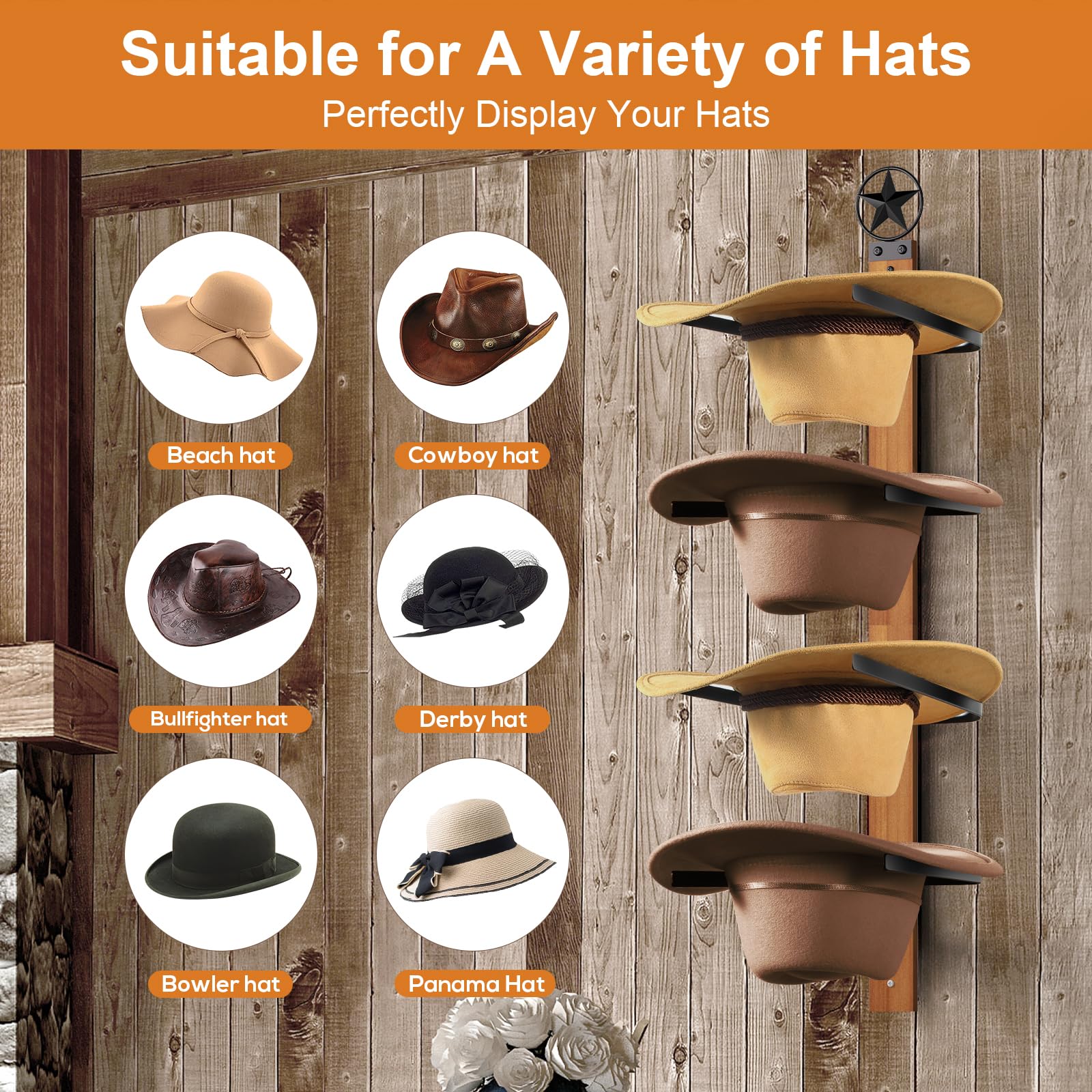 Fluffytree Cowboy Hat Rack, 4-Piece Western Hat Rack For Wall With Natural Wooden Board, Gift Cowboy Hat Holder For Wall D  Cor