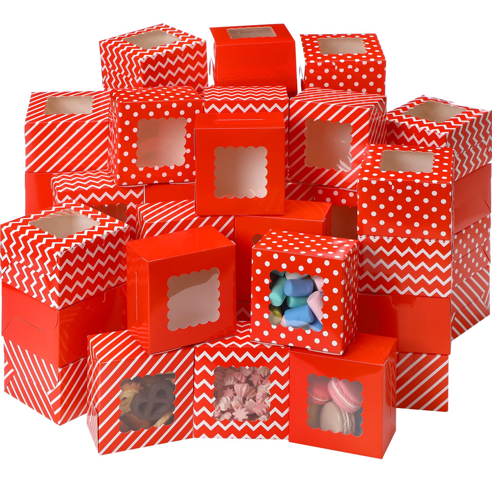 Humyoun 100 Pcs Christmas Cookie Boxes for Gift Giving 4 x 4 x 2.5 Inch Small Red and White Bakery Treat Boxes with Window for X