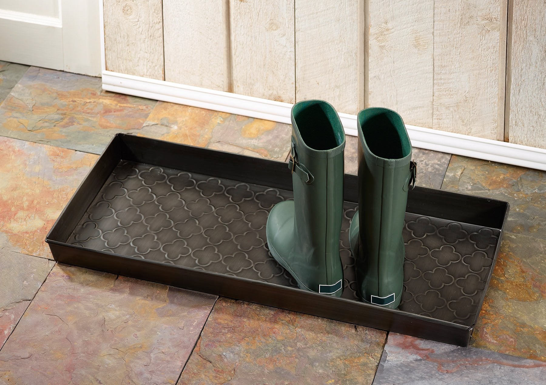 HF by LT Trellis Pattern Metal Boot Tray  30 x 13 inches  Keeps Dirt  Muck  Grass  Snow  and Water from Boots  Antique Zinc Finish