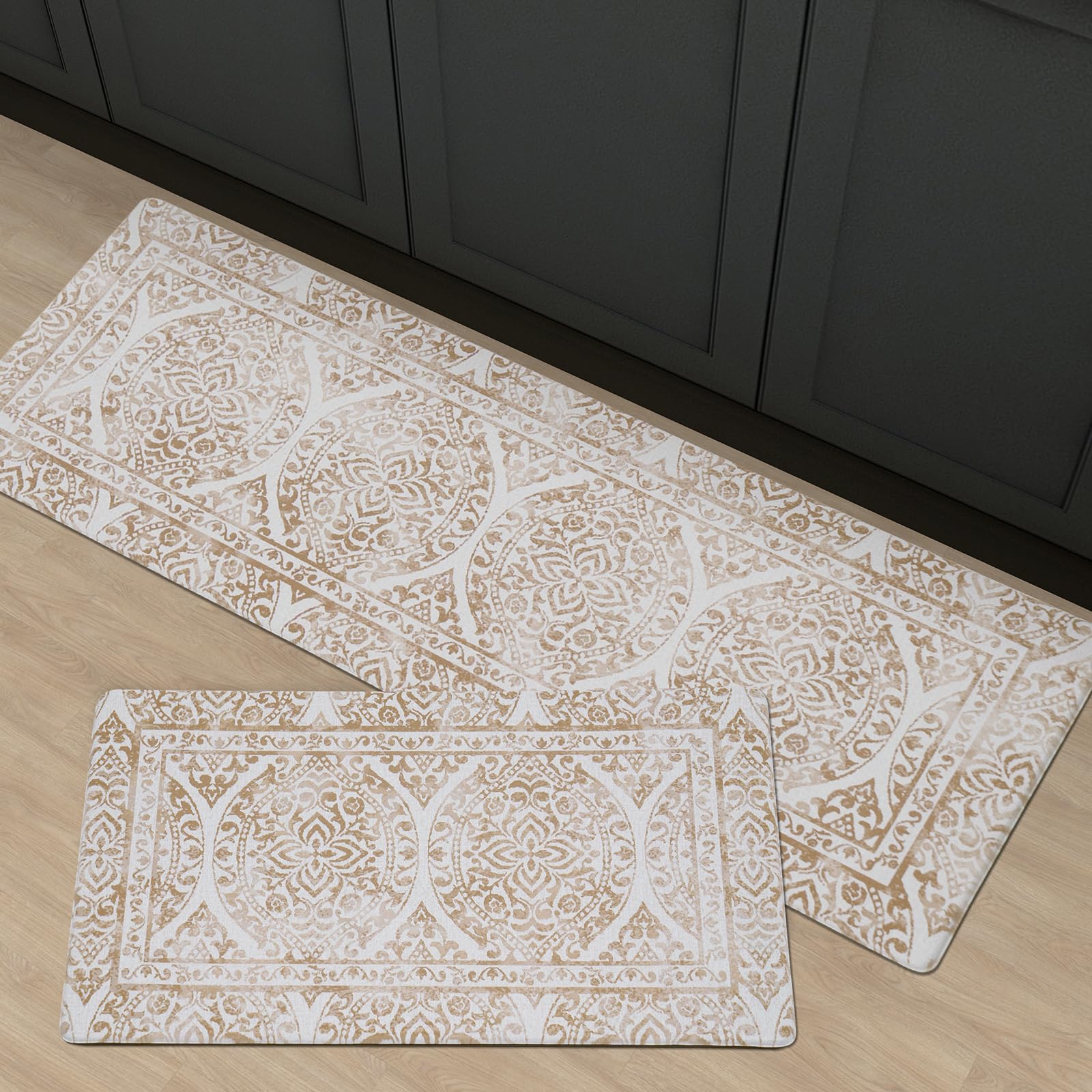 FRESHMINT 2 Piece Set Boho Kitchen Mats for Floor Bohemian Distressed Anti Fatigue Kitchen Rugs Vintage Farmhouse Cushioned Kitc
