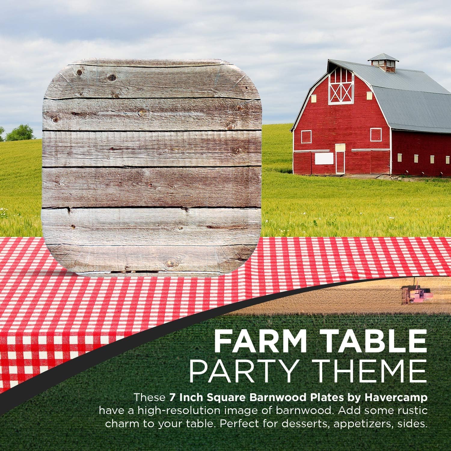 Havercamp Barnwood 7    Plates (24 Pcs.)! 24 Authentic Farm Table Dessert Plates. 7 Inch Square In Rustic Barnwood Graphics. Pai