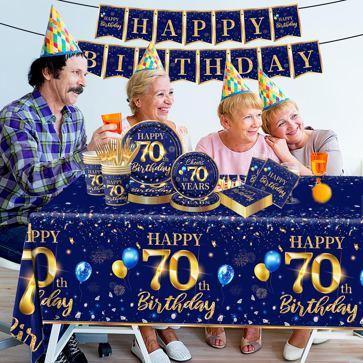 70Th Birthday Decoration Men-142Pcs Navy Blue And Gold Birthday Tableware Set(Serve For 20) Include Happy 70Th Birthday Banner P