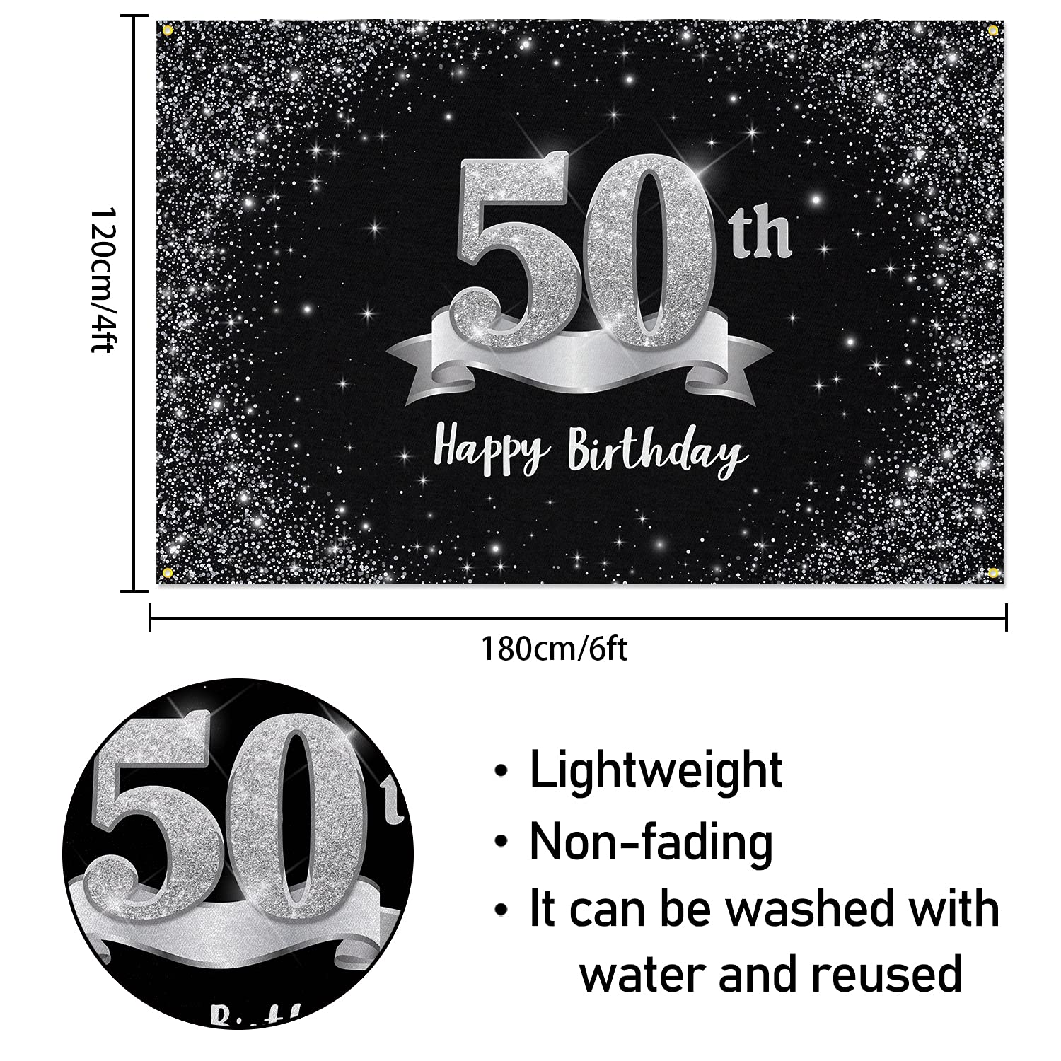 Hamigar 6X4Ft Happy 50Th Birthday Banner Backdrop - 50 Years Old Birthday Decorations Party Supplies For Women Men - Black Silve